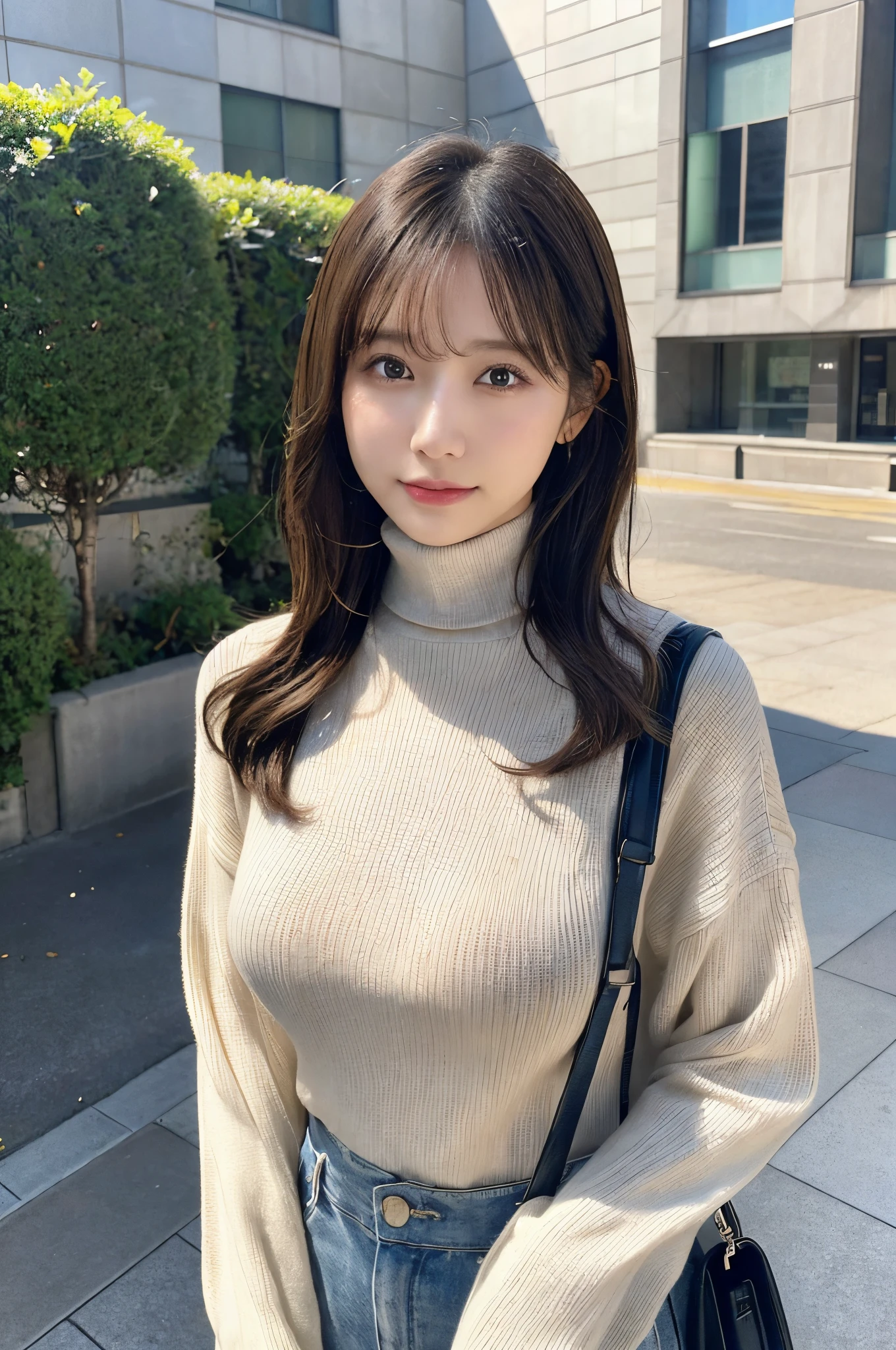 (Colossal tits、Turtleneck knitwear、Shoulder bag)、(top-quality,​masterpiece:1.3,超A high resolution,),(ultra-detailliert,Caustics),(Photorealsitic:1.4,RAW shooting,)Ultra-realistic capture,A highly detailed,high-definition16Kfor human skin、 Skin texture is natural、、The skin looks healthy with an even tone、 Use natural light and color,Female in her 30s,japanes,,kawaii,A dark-haired,Middle hair,(depth of fields、chromatic abberation、、Wide range of lighting、Natural Shading、)、(Hair swaying in the wind:1.2)、Streets of Tokyo