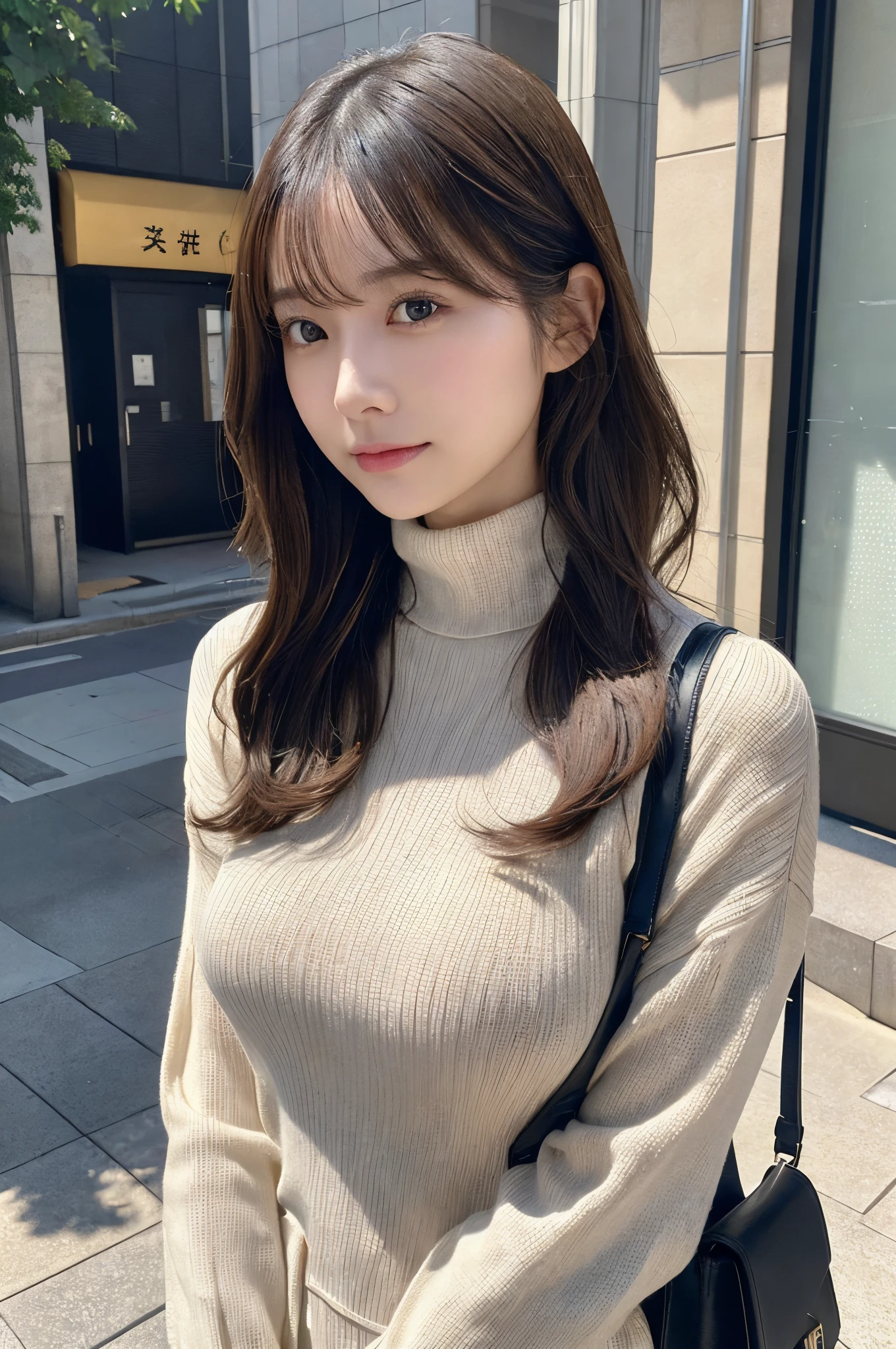 (Colossal tits、Turtleneck sweater、shoulder bags)、(top-quality,masterpiece:1.3,Ultra-high resolution,),(ultra - detailed,Caustics),(Reality:1.4,RAW shooting,)Hyper-realistic capture,A very detailed one,HD 16K human skin、 Natural skin texture、、Skin looks healthy、even skintone、 Use natural light and color,A woman who is,japanes,,kawaii,A brunette one,mid hair,(depth of fields、color difference、、Wide range of lighting、naturalshadow、)、(Hair swaying in the wind:1.2)、Streets of Tokyo、Large Breasts、