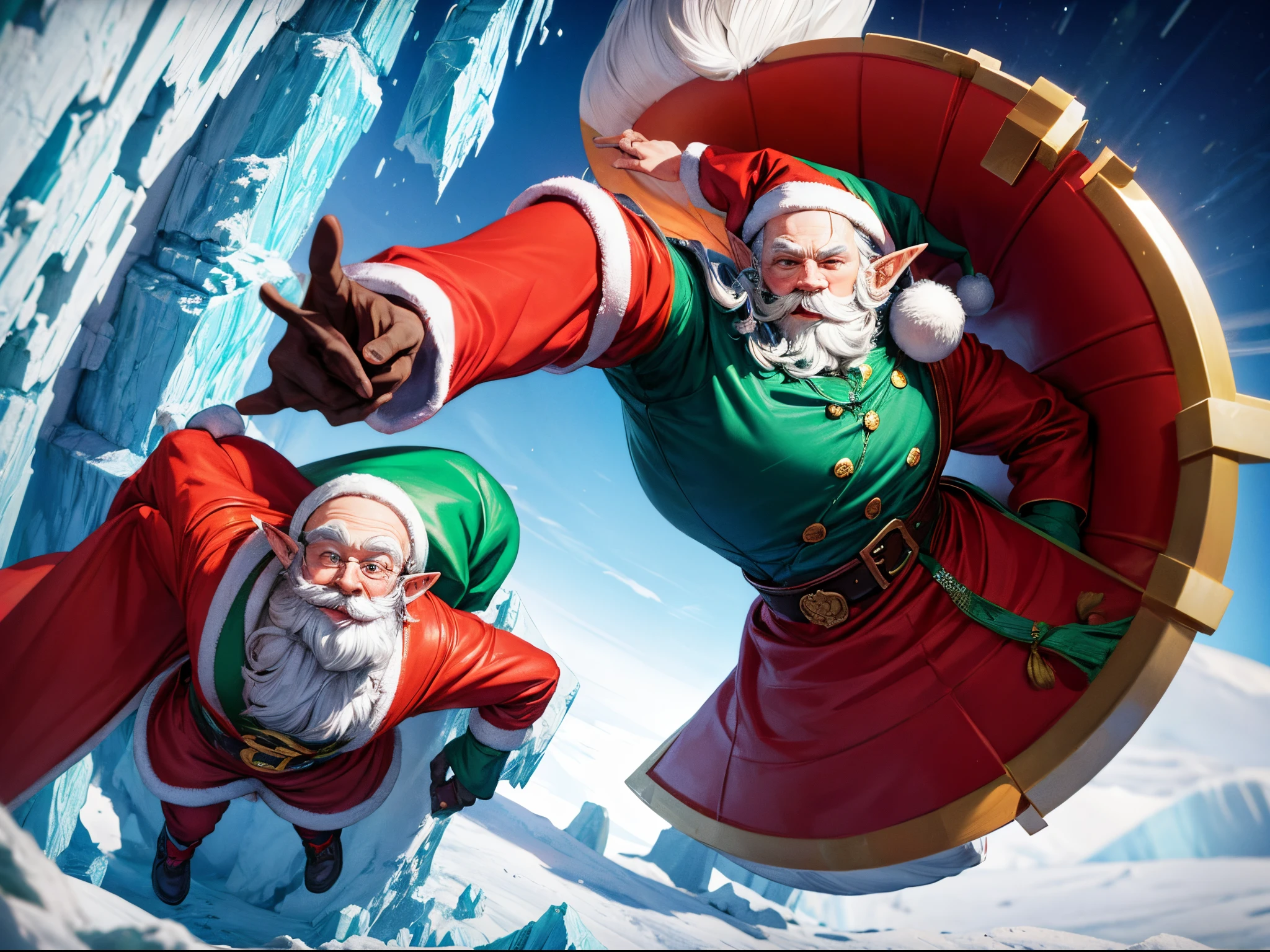 (ultra-detailed, vivid colors, humorous),3D, Santa and an Elf peeking out of a circular broken hole in an ice wall, white background, illustration.