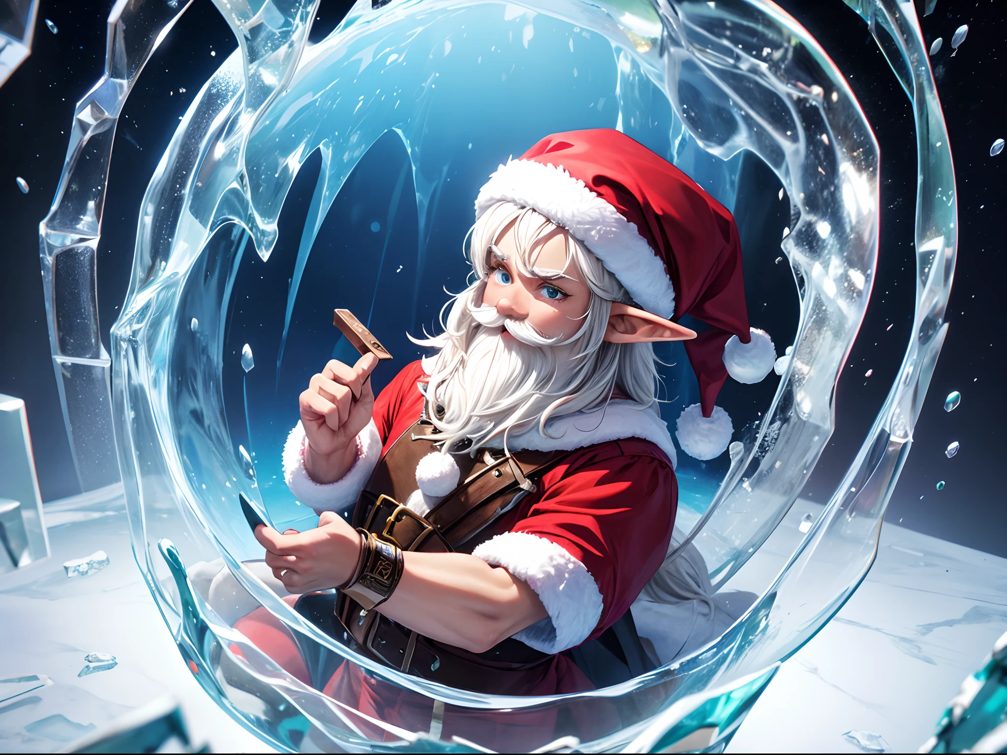 (ultra-detailed, vivid colors, humorous),3D, Santa and an Elf peeking out of a circular broken hole in an ice wall, white background, illustration.