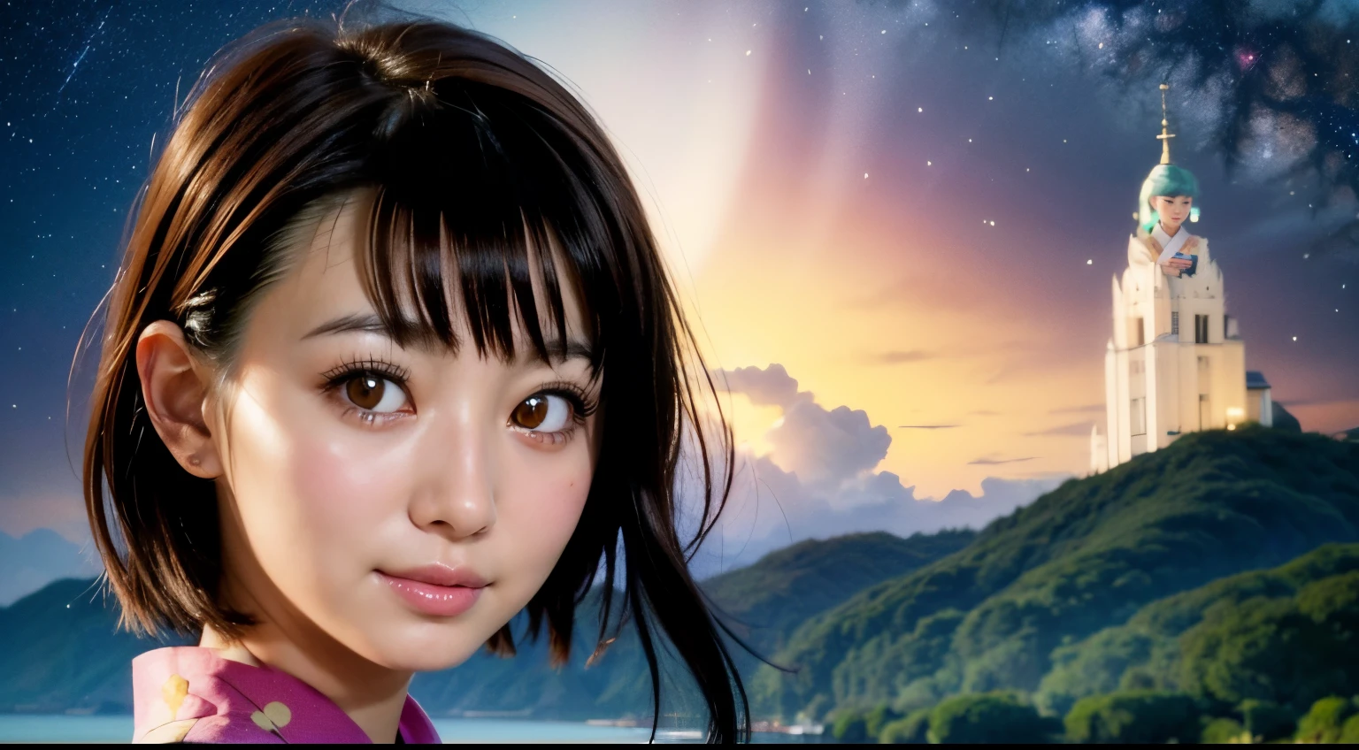 (((sfw))), masterpiece, high quality, highly detailed, (beautiful detailed face, detailed backgroung), full scenic shot), 1girl, kisaki onodera, kimono, smiling, looking at viewer, body facing viewer, standing at a beach, beautiful starry sky, milky way, natural lighting, smooth shadow, detailed eyes