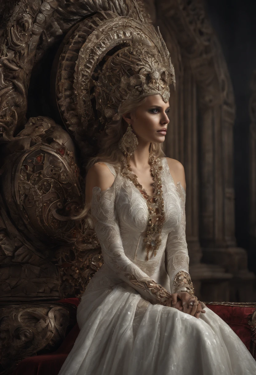 Create a 3D artwork of Maria Brink in a white dress adorned with (((intricately detailed rubies and sapphires))). The artwork should embody the (((highest quality))), emphasizing (((extreme detail))) and a (((complex composition))). Incorporate a color palette that reflects a celestial aura, using soft blues, ethereal whites, and subtle gold accents. Ensure the composition exudes an otherworldly sense of beauty and tranquility. Draw inspiration from artists like (((H.R. Giger))), (((ZBrushCentral))), and (((Vitaly Bulgarov)))