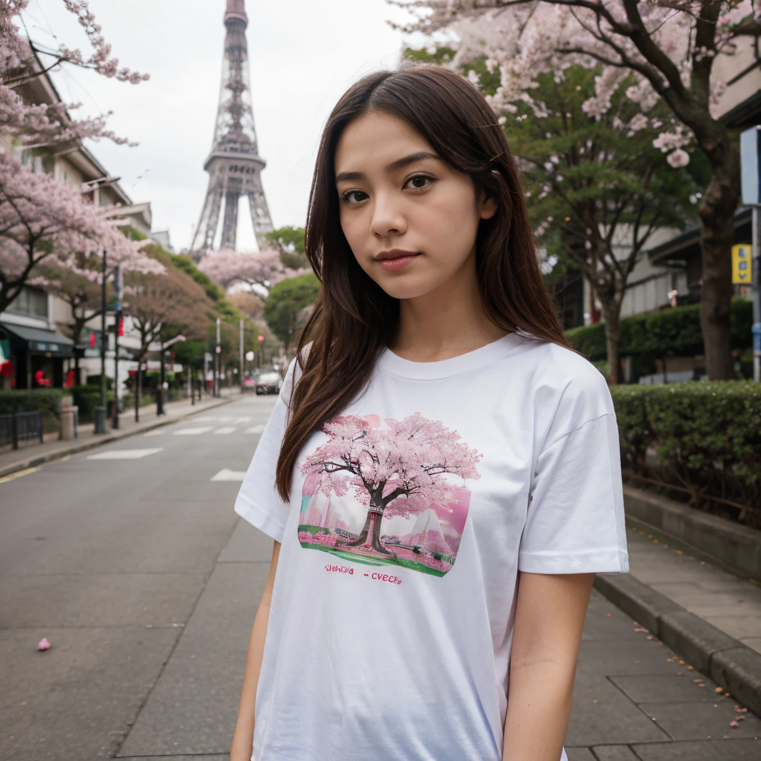 Girl wearing t-shirt Plain Fuschia color with Tokyo tower and cherry blossoms in the background
