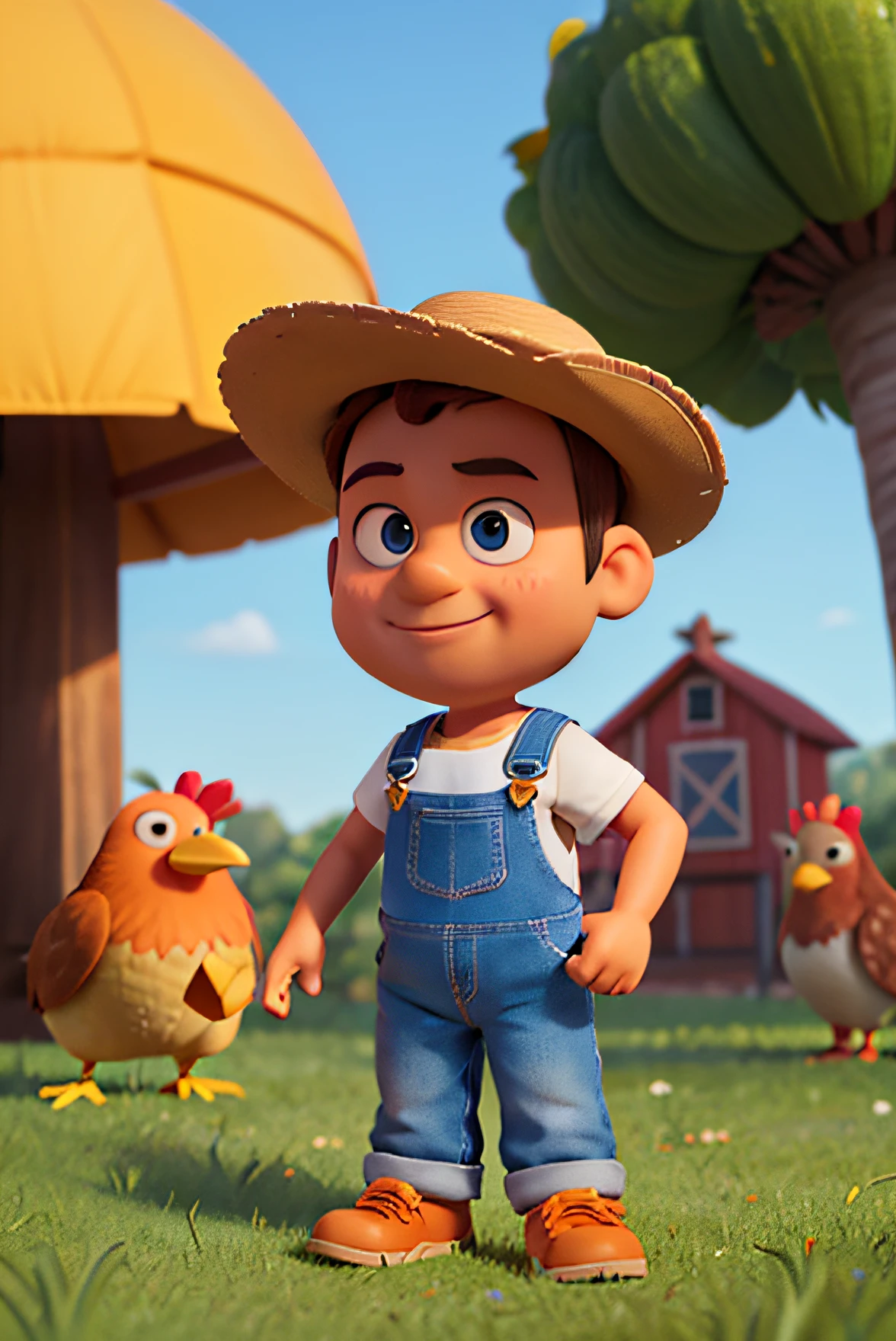 Crie um personagem animado no estilo Disney Pixar 3d de um Homem, with farm hat, wearing a gray t-shirt and blue overalls, com barba preta grande rosto redondo olhos redondos de cor preta, standing in the middle of several orange-colored farm chickens, holding a chicken by the feet in each hand and smiling, o fundo deve ser de uma Granja de galinhas caipiras, with some low vegetation and trees in the background, e por do sol com luz de recorte no personagem,   animation character, Caractere estilizado, animation style rendering, 3D estilizado, Arnold Maya render, 3 d render stylized, toon render keyshot, Personagem 3D, Personagem 3D, 3d rendering stylized, 3 d character render, personagem de desenho animado, Personagem de close up, Pose de personagem, (Estilo Pixar) (master part:1.2) (Bokeh) (melhor qualidade) (pele detalhada) (textura detalhada) (8k) (argila) (Cinematic lighting) (foco nítido