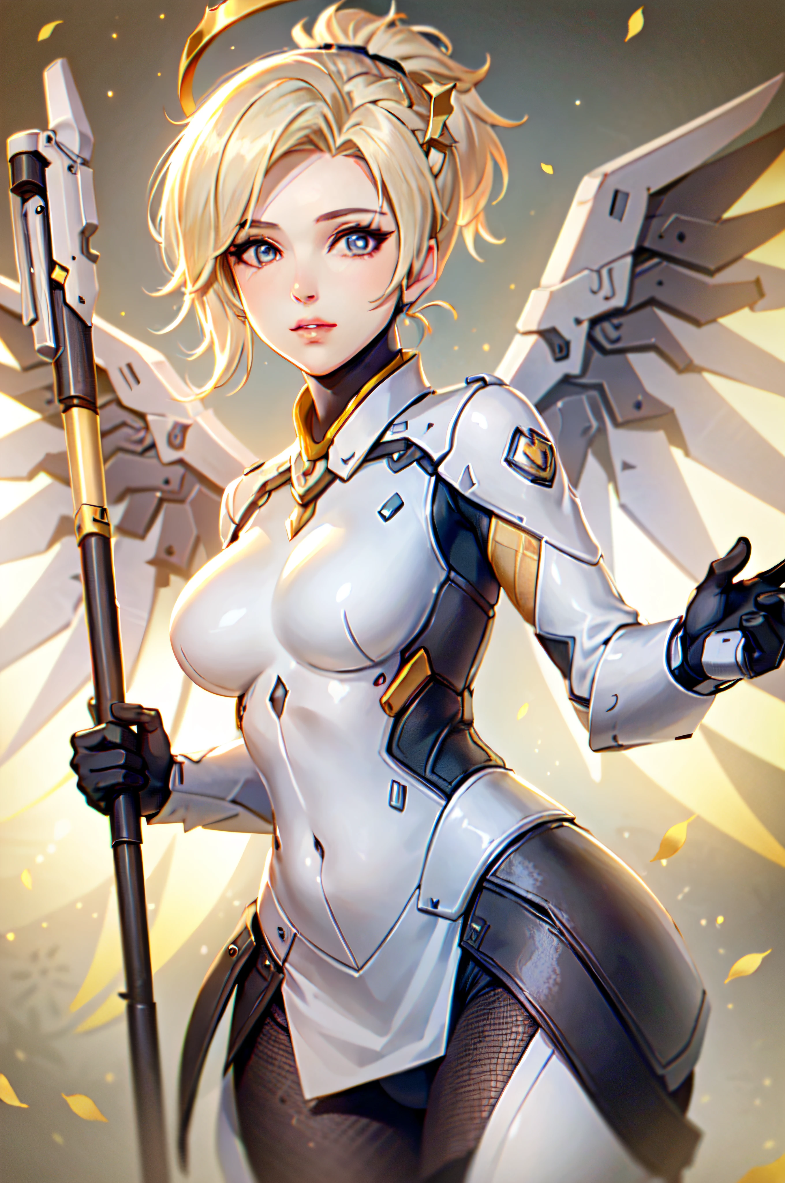 MercyOver, 1girl, mercy (overwatch), mechanical wings, mechanical halo, solo, blonde hair, wings, blue eyes, halo, staff, yellow wings, breasts, bodysuit, holding, upper body, lips, looking at viewer, holding staff, medium breasts, spread wings, glowing wings, nose, high ponytail, ponytail, portrait, looking at the viewer