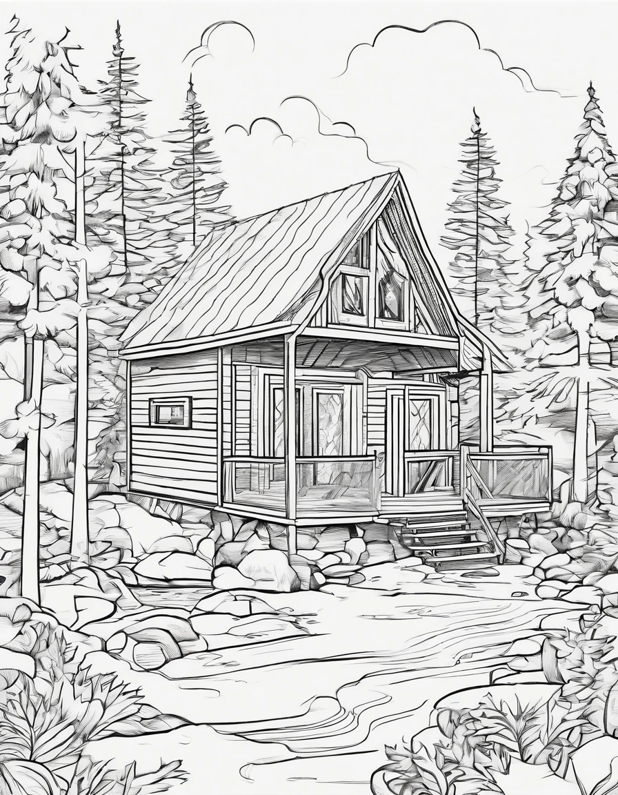 A cabin in the woods, high quality, coloring book page,