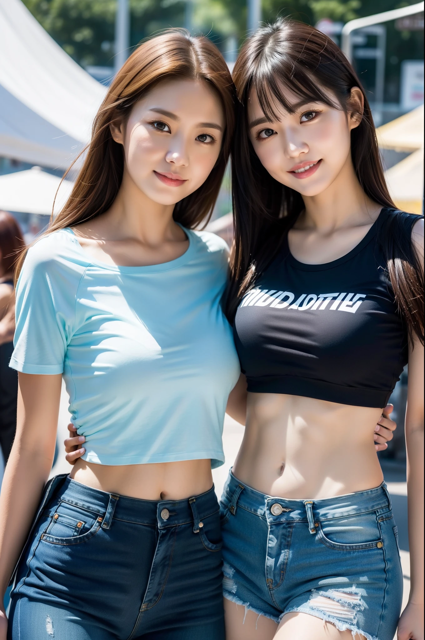 There is a woman standing in a crowded place talking on her cell phone, wearing tight shirt, real life anime girl, Tight shirt, wearing tank top, wearing tank top, candid shot, her navel is exposed, touching her clothes, wearing tank top, japanese city street fashion, she has a distant expression