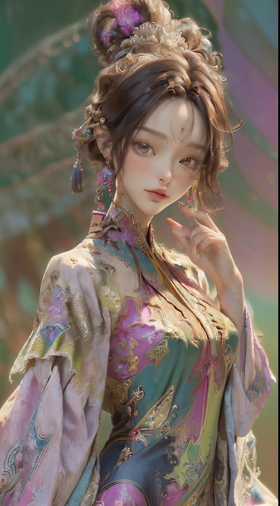 (masterpiece, top quality, best quality, official art, beautiful and aesthetic:1.2), (1girl:1.3), extremely detailed,(fractal art:1.2),colorful,highest detailed,(zentangle:1.2), (dynamic pose), (abstract background:1.5), (treditional dress:1.2), (shiny skin), (many colors:1.4), upper body