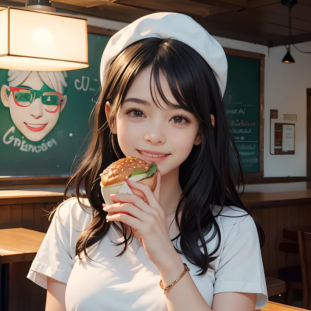 1girl in,Cute girl stuffing her mouth with a hamburger,Cute as an angel,Puff out your cheeks with a happy smile,Accurately drawn face,billy short black hair,tre anatomically correct,Precise fingers,hamburger on the right、hold the shake in your left hand.,Accurate depiction of a hamburger,At the hamburger shop,masterpiece,hiquality,