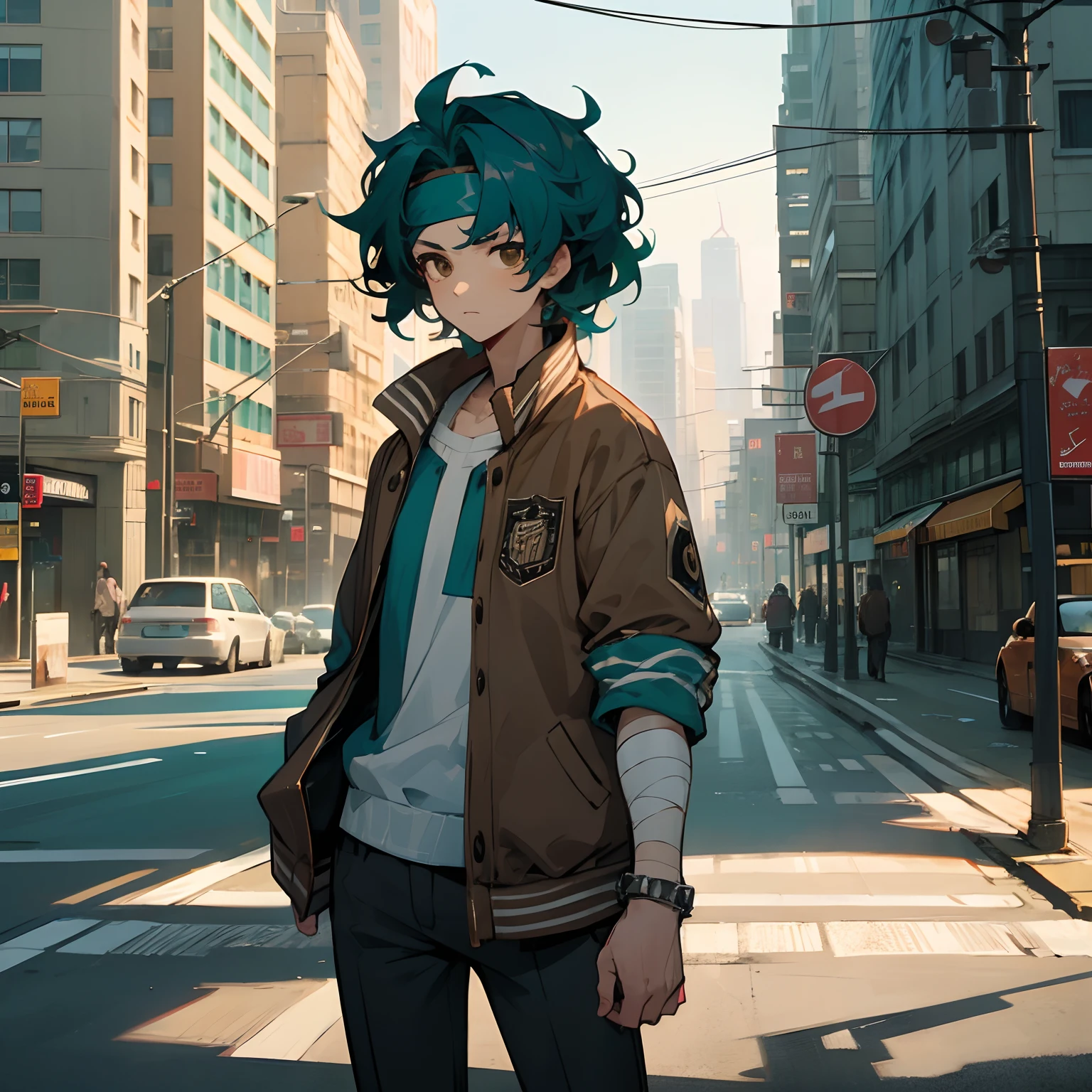 Medium Length Spiky Wavy hair , headband , bracelet , bandage on one arm , Teal Colored Hair , brown eyes , Brown Letterman Jacket , city background , standing infront of street , Messy Hair , 1male , Teen Male