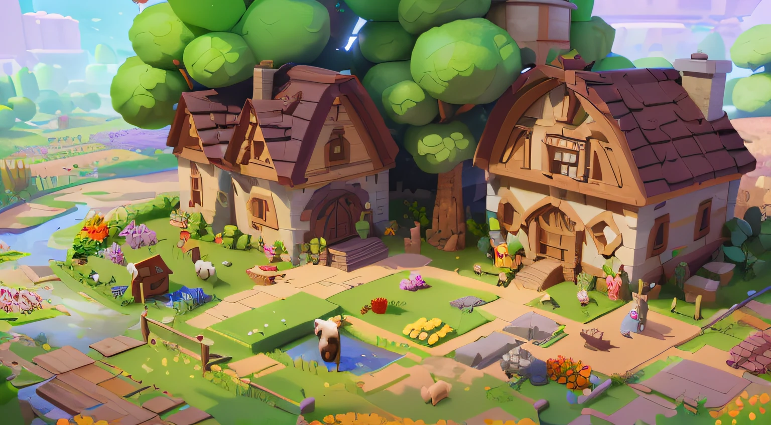 Game architecture design, cartoon, farm, stone, brick, grass, river, flowers, vegetables, wheat, trees, animals, casual play style, 3d, blender, masterpiece, super detail, best quality