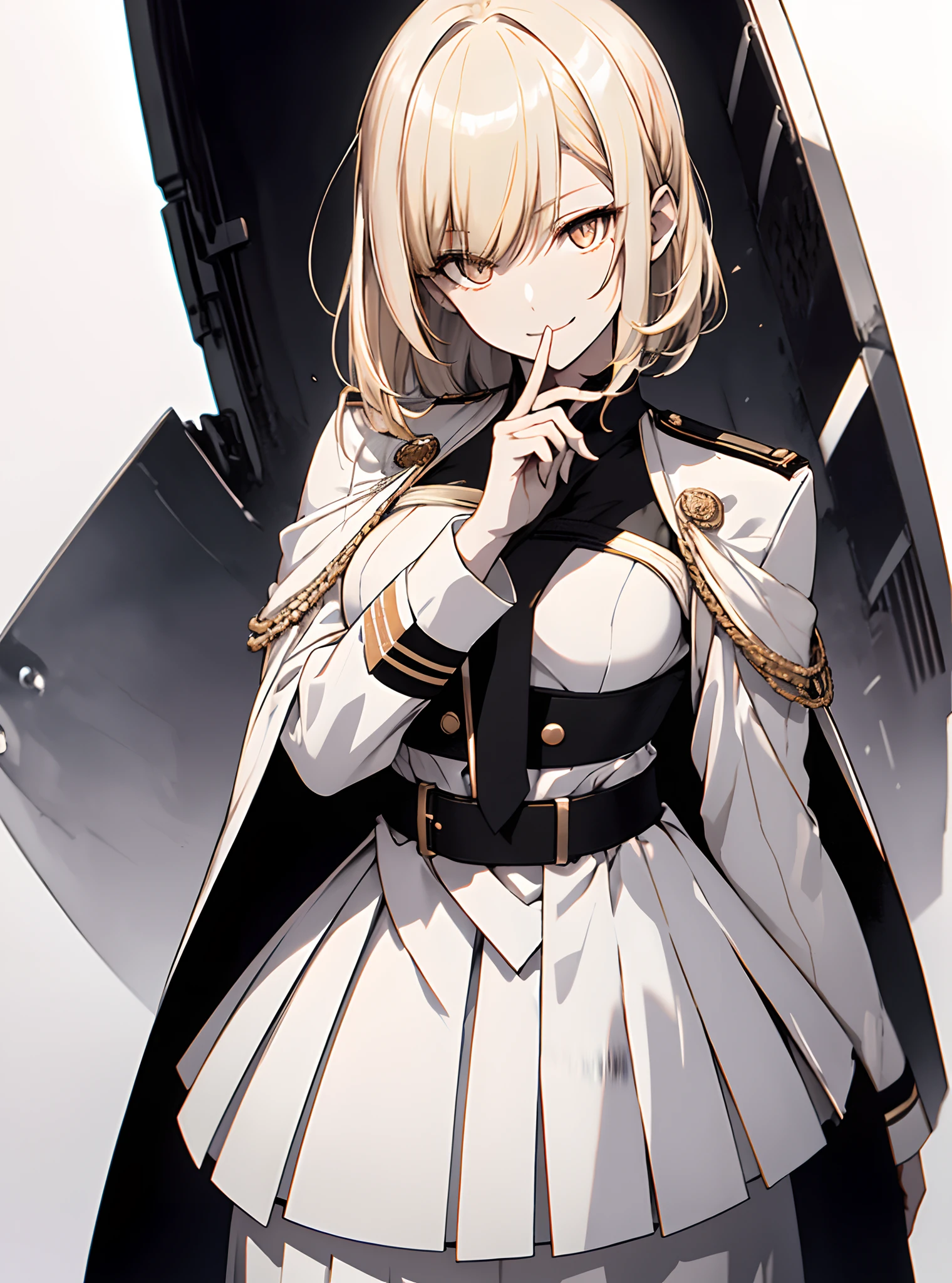 Full body, White one-piece military uniform, Jet black head of hair,(masutepiece:1.2, Best Quality), (finely detailed beautiful eye: 1.2), (beautifull detailed face), High contrast, (Best Illumination, Extremely delicate and beautiful), ((Cinematic Light)), Dramatic light, Intricate details,dark orange eyes, Shining eyes,Short stature, Smaller chest、Belt under the chest、White military uniform, White skirt,blonde hair, Black tie, (Pale white background:1.5), Wolf cut hair, accurate hands, Look at me and smile, sniper,