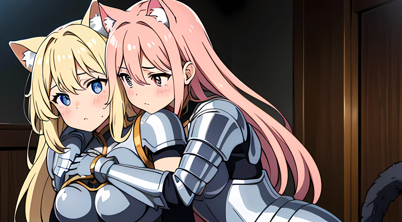 masterpiece, best quality, 2 cat eared girls, (hug), blush on their face, (groping), female knight armored, hand on chest, girl, touching breast, (full body:0.8), standing and hugging each other.