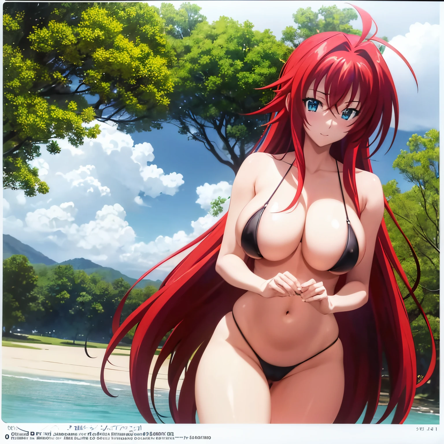 masterpiece, best quality, high resolution, rias gremory, 1 girl, alone, long hair, red hair, ahoge, blue eyes, big breasts, wide thighs, wide hips, very long hair, breasts, huge ahoge, beach, micro bikini black,