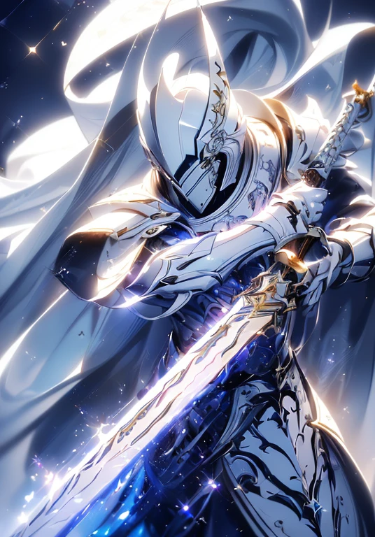 (absurdres, highres, ultra detailed), masterpiece, best quality, a boy in a white jacket, holding a sword, solo, handsome, short hair, white hair, detailed face, combat stance, attack pose, wielding sword pose, abstract background, swirl, spark, magic vortex, (((perfect helmet))), (((perfect body armour))), (((lighting:1.5))), ((hyperrealistic:1.5)), ((((midjourney5.1 : 1.5))))