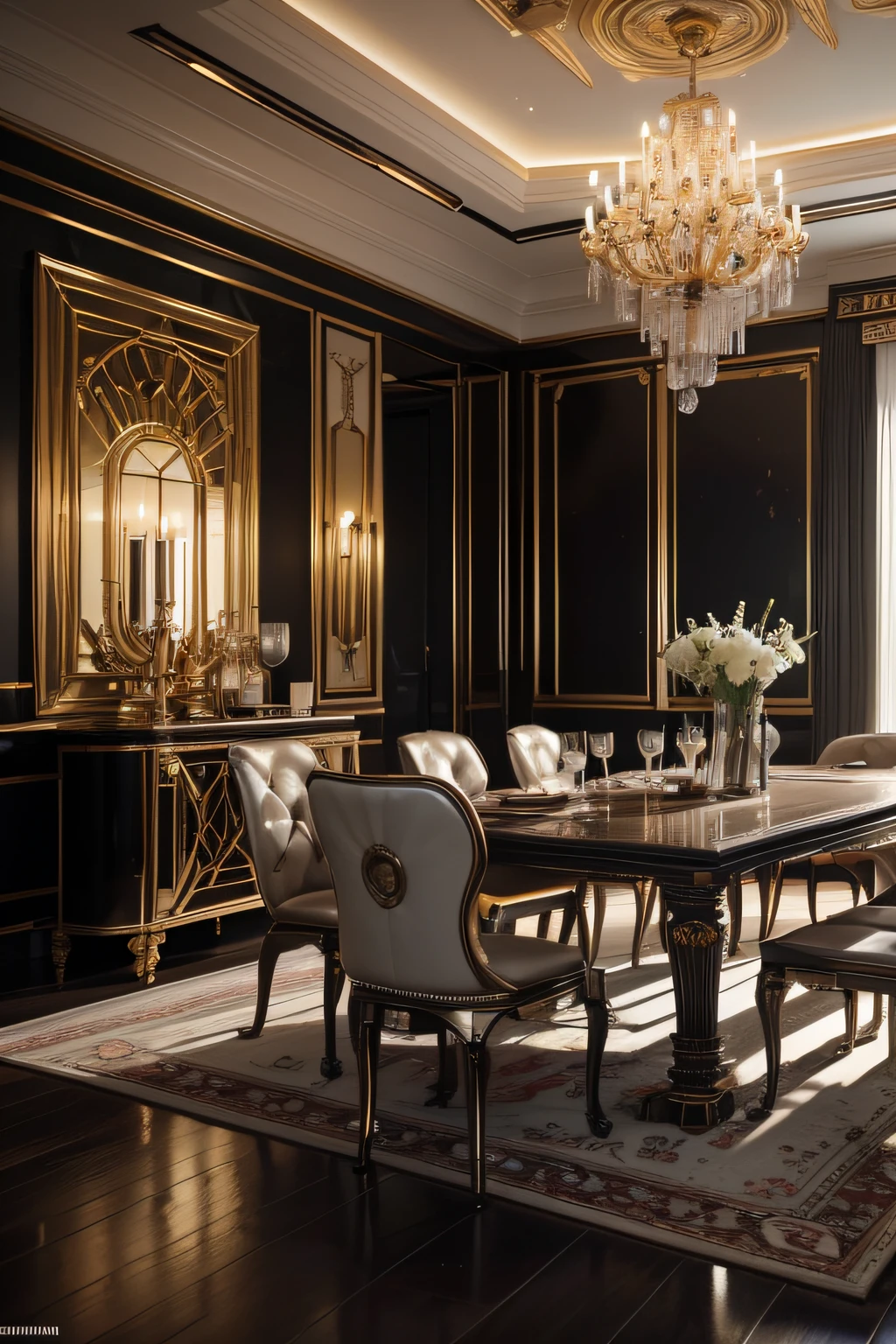 There is a dining room with a table, Chairs and chandeliers, cgsociety 9, futuristic persian palace, CG Society Real Engine, Redshift Houdini, Futuristic. Game CG, Unreal Engine Cinema 4D, Glamorous cyberpunk interior, Ultra-realistic symmetry 8K, Rene Lalique and Eddie Mendoza, Cinematic Unreal 5, Cinematic Smooth Unreal Engine