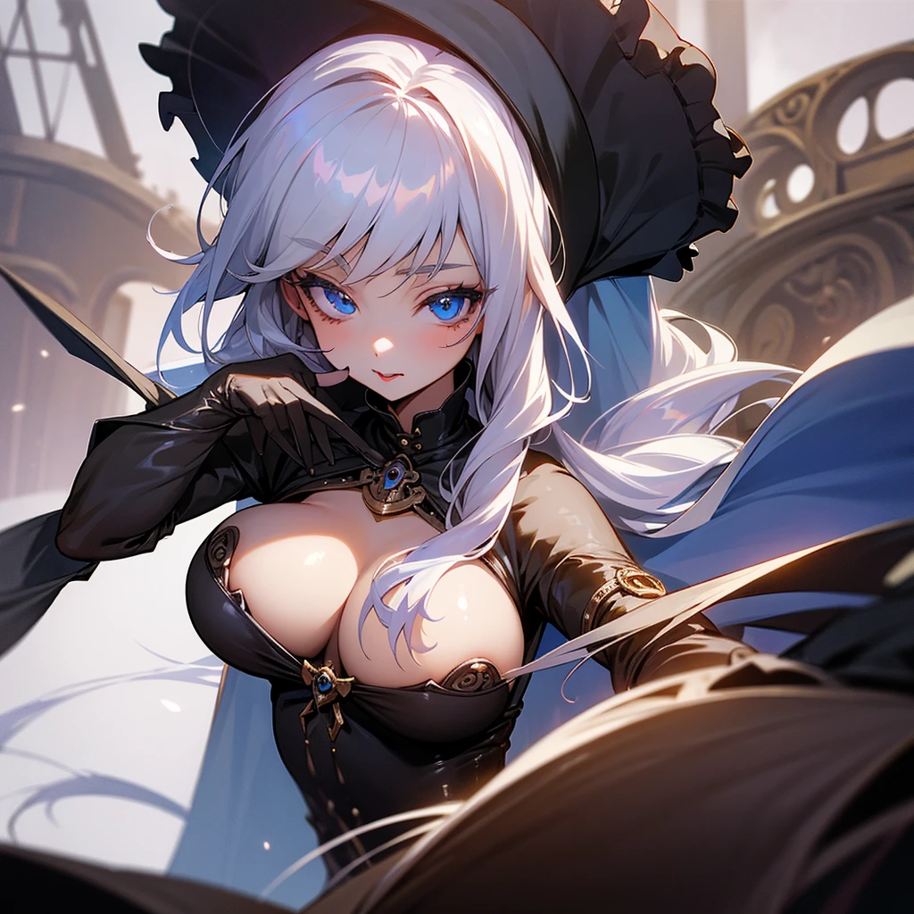 1girl in,Vampires,Silvery hair,Blue eyes,Black Dress,sexual act,loli big boobs,breastsout,Valley,white cape,decadence,steampunc,