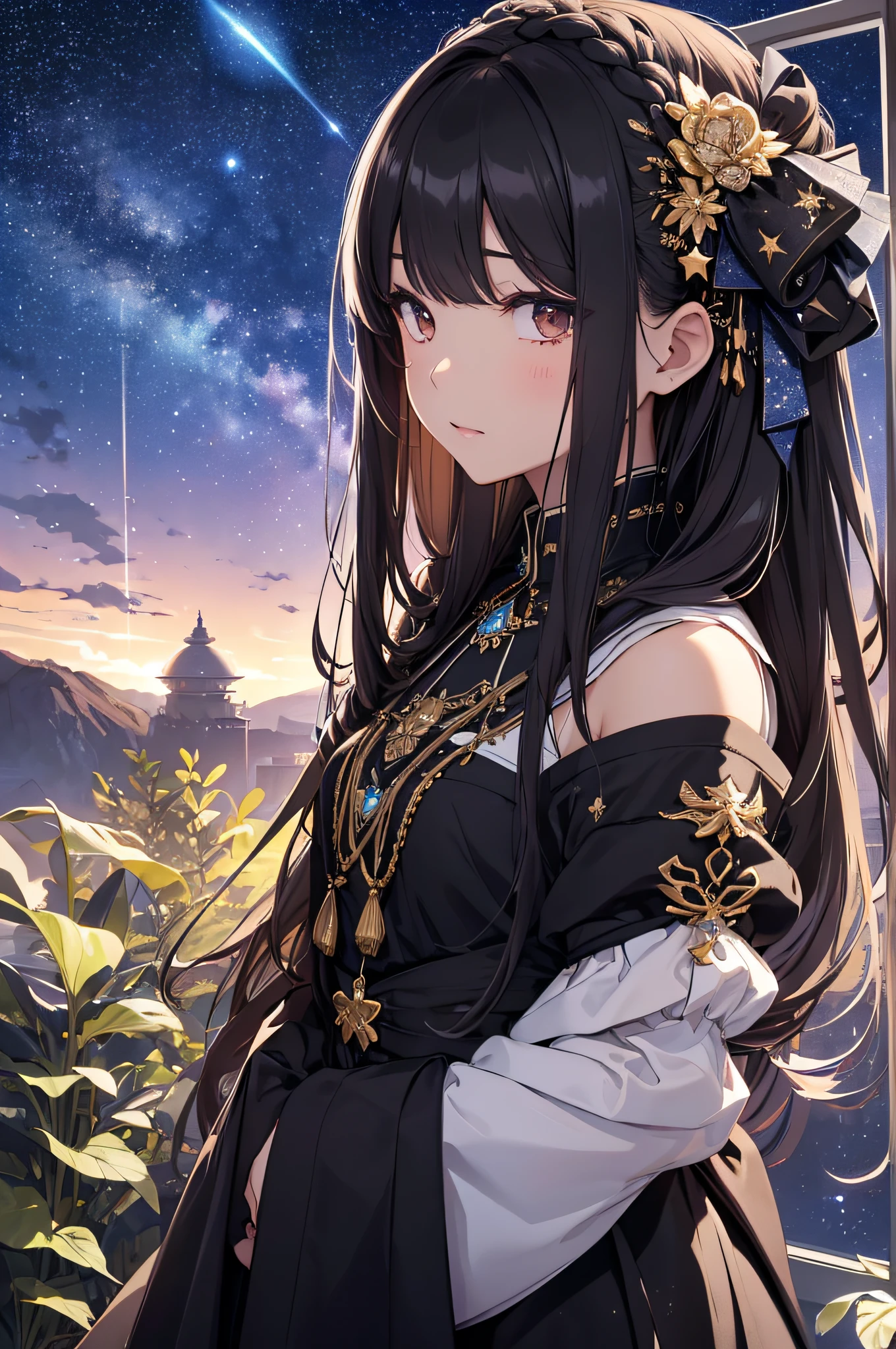 masterpiece、High Detailed Girls((独奏、a beauty girl、doress、Highly detailed hair ornament、Hair is tied up))、Background with((Fantastic starry sky、meteors、black hole))、plants、Luminescent