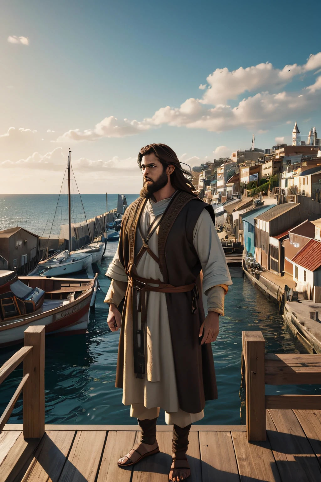 Male biblical character, called Jonah, around 30 years old, with clothes from Jesus' time, brown hair, brown beard, image of Jonah living in a city by the sea, with houses and boats in the background to show the coastal scenery, realistic hyperstyle, pixart, 8K Ultra HD, Cinema 4d