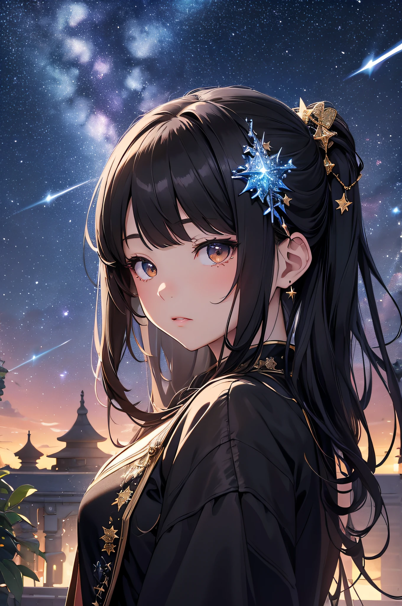 masterpiece、High Detailed Girls((独奏、a beauty girl、doress、Highly detailed hair ornament、Hair is tied up))、Background with((Fantastic starry sky、meteors、black hole))、plants、Luminescent