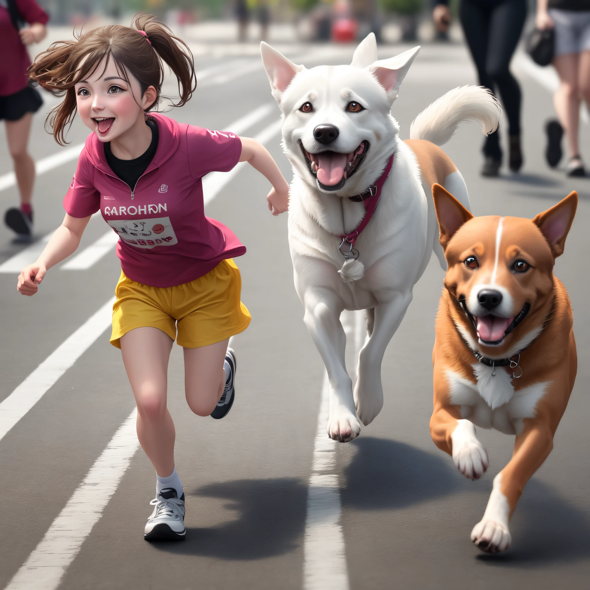 Two dogs running on the street,Want to speak,Stick out her tongue,The eyes are large