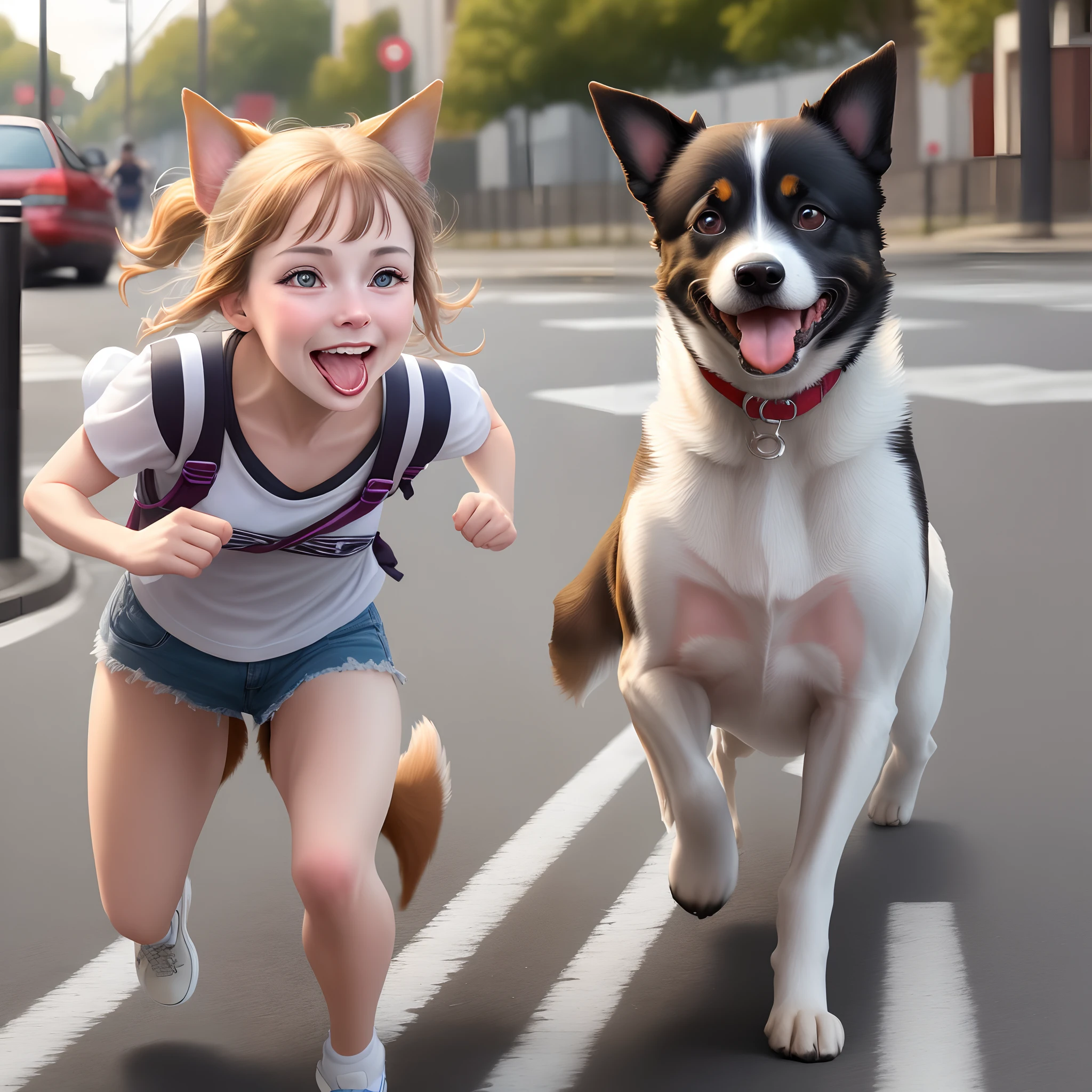 Two dogs running on the street,Want to speak,Stick out her tongue,The eyes are large