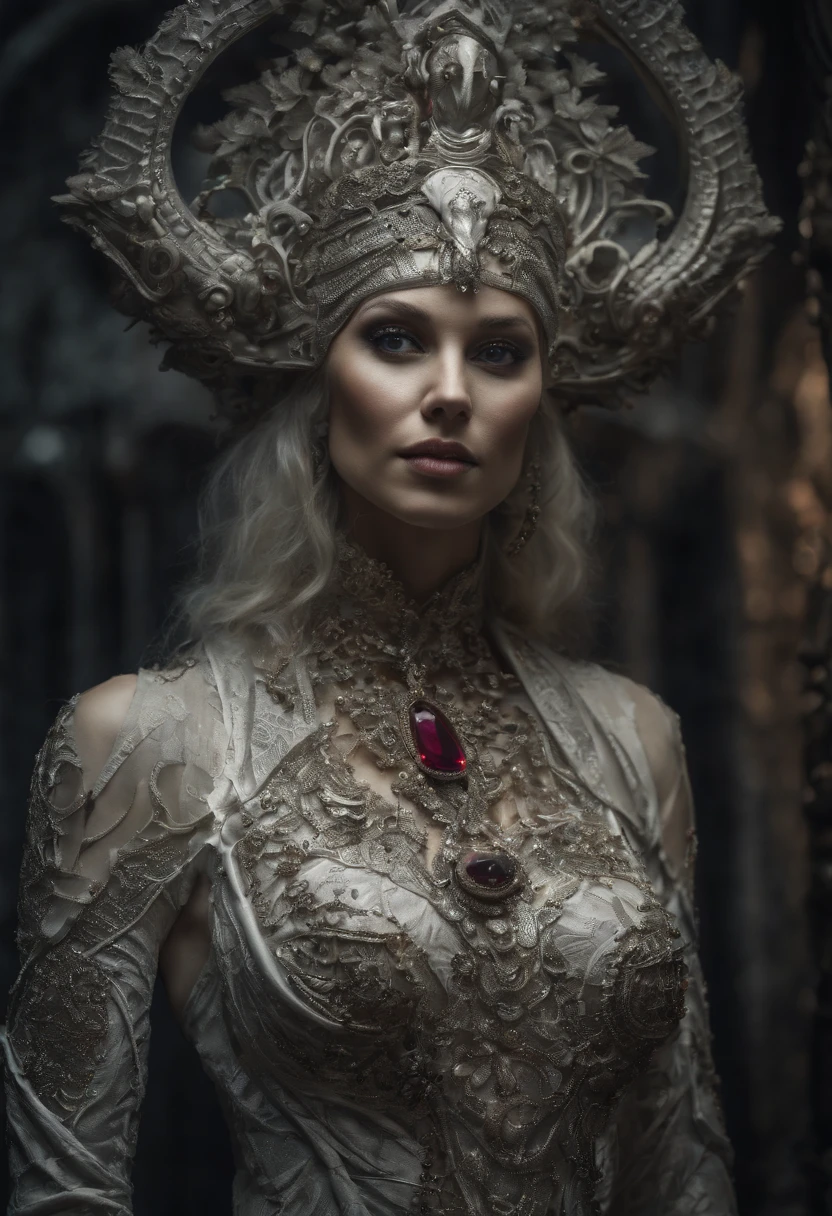 Create a 3D artwork of Maria Brink in a white dress adorned with (((intricately detailed rubies and sapphires))). The artwork should embody the (((highest quality))), emphasizing (((extreme detail))) and a (((complex composition))). Incorporate a color palette that reflects a celestial aura, using soft blues, ethereal whites, and subtle gold accents. Ensure the composition exudes an otherworldly sense of beauty and tranquility. Draw inspiration from artists like (((H.R. Giger))), (((ZBrushCentral))), and (((Vitaly Bulgarov))), deep plunging cleavage, big saggy tits, sexy tits, sexy thighs, sexy hips, small waist,