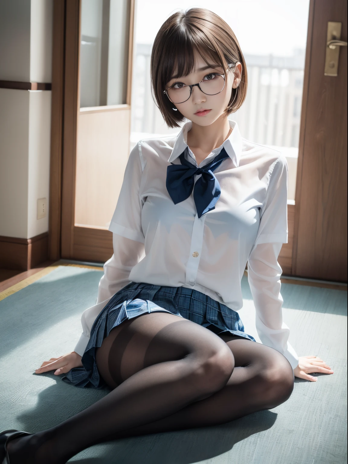 Ninim Larei、(Long bob cut)、(Panties are visible)、(Underwear is visible)、((Narrow-eyed))、((Narrow-eyed))、((Narrow-eyed))、(8K、Raw photography、top-quality、​masterpiece：1.2),、Has a small、(flat breast)、(flat breast)、(flat breast)、(flat breast)、(flat breast)、(being thin)、light skinned、skin whitening、Dark look、Rasping,glamor,Chromo-white skin,cocky,School,watching at viewers,Looking at the front,Muchimuchi,High-pitched clothing,Erotic,Pupils,de pele branca,kne,((Black pantyhose)),absurderes,a small face,,Forehead visible,Bangs hanging from the left and right sides of the forehead,(a cold expression,Tight eyes,glares,Bullish,irate)、​masterpiece,top-quality、超A high resolution,Raw photo,ren,Beautiful fece,One Person, 独奏,eye glass,,Dark look,Small breasts,fullllbody,Round glasses,JK school uniform,hi-school girl,A Japanese Lady,is standing,（Photorealsitic：1.37）、Photon mapping,Realistic、Beautie,Cute little face,Brown-eyed、Black socks、(Red bow tie)、Radio City、Physically Based Rendering、depth of fields、Blurry background、a picture,Body,beauty legs, Long legs, Thin leg,(Bangs are visible), hair, s lips, Blue_The eye, nosesoft,(Light blue shirt), (Navy and blue and white plaid pleated skirt), Knees are visible,Sheer clothing,, Thigh, Black cotton socks,Nogizaka Idol, 女優, Japanese ido