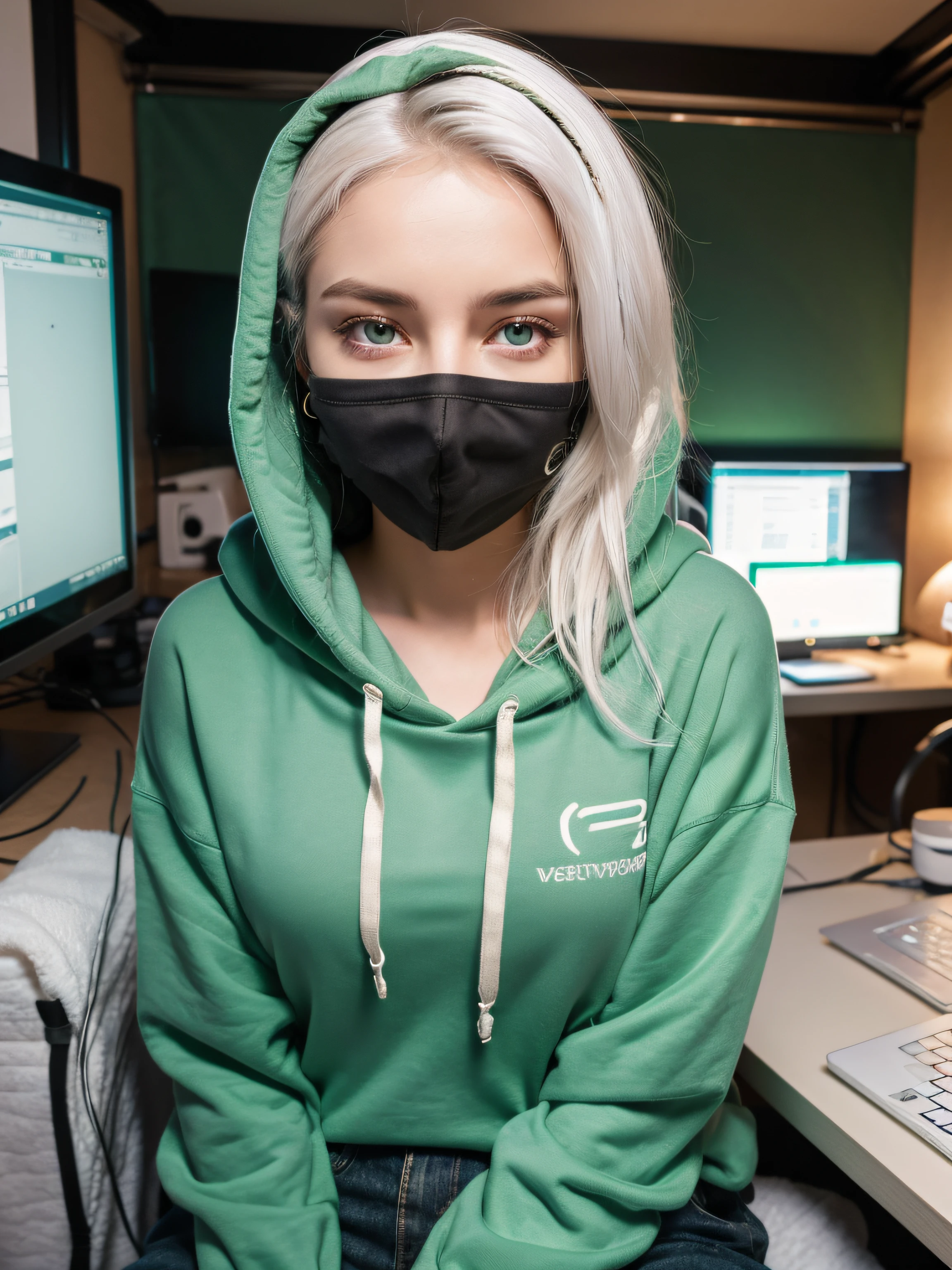 beautiful cyber girl, white hair, green eyes, face mask, working on computer, sitting behind a reading desk in her bedroom during the night, casual, dark colored hoodie that is draped over covering half her face, room is dark with only the soft glow of her laptop screen. The woman is looking directly into the camera lens, directly in front of the camera, her face illuminated showing determination and focus