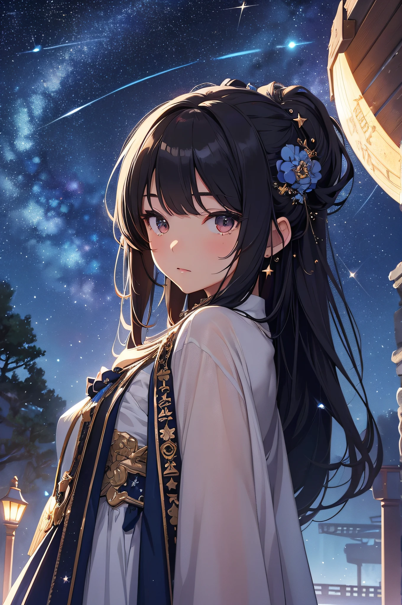 masterpiece、High Detailed Girls((独奏、a beauty girl、doress、Highly detailed hair ornament、Hair is tied up))、Background with((Fantastic starry sky、meteors、black hole))、plants、Luminescent