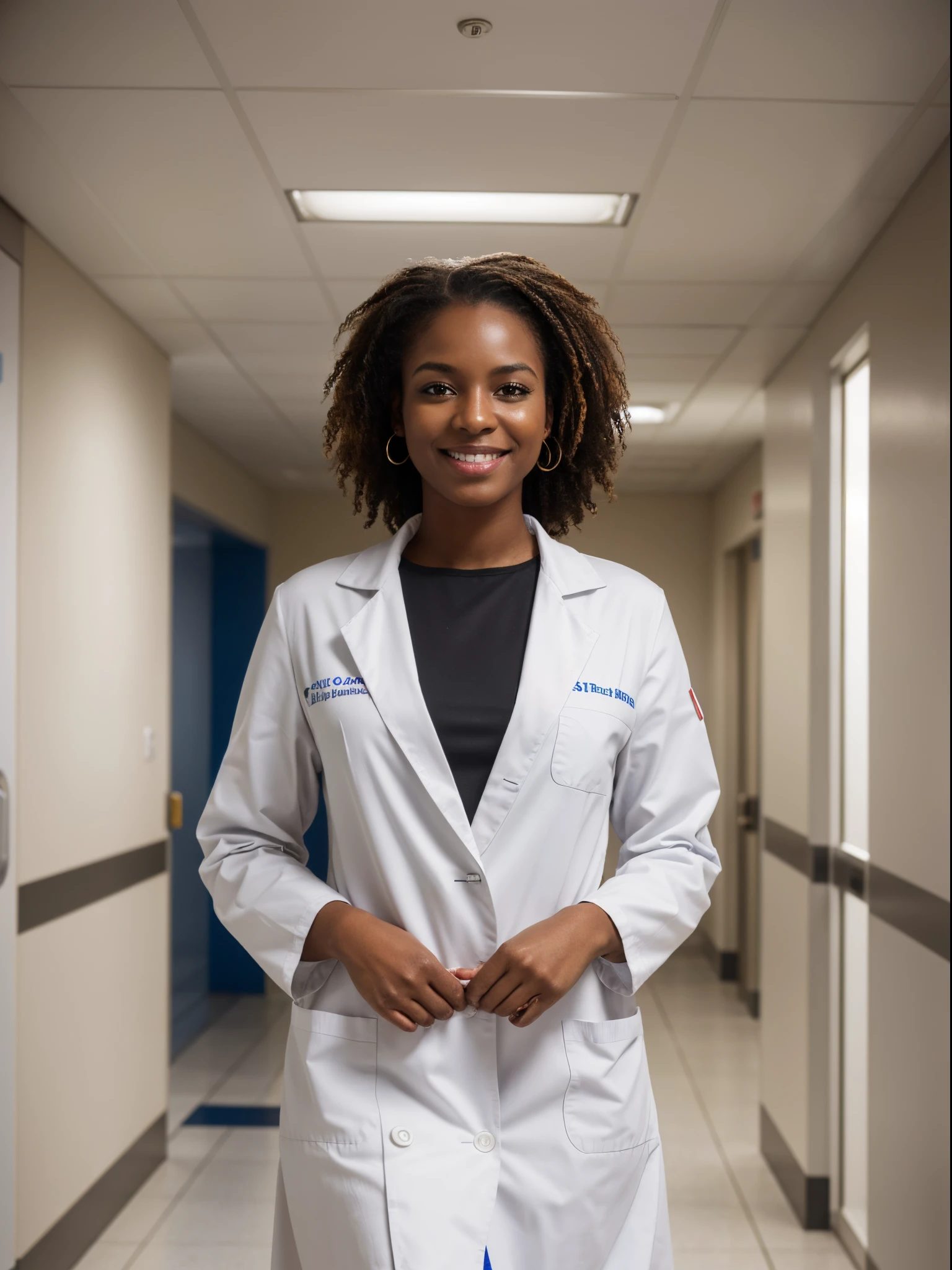 (Best quality,8k,ultra high res:1.2),(American woman, black skin),(Looking at viewer),(smile),(tied up hair),(White doctor coat),(Dress underneath),(at hospital)