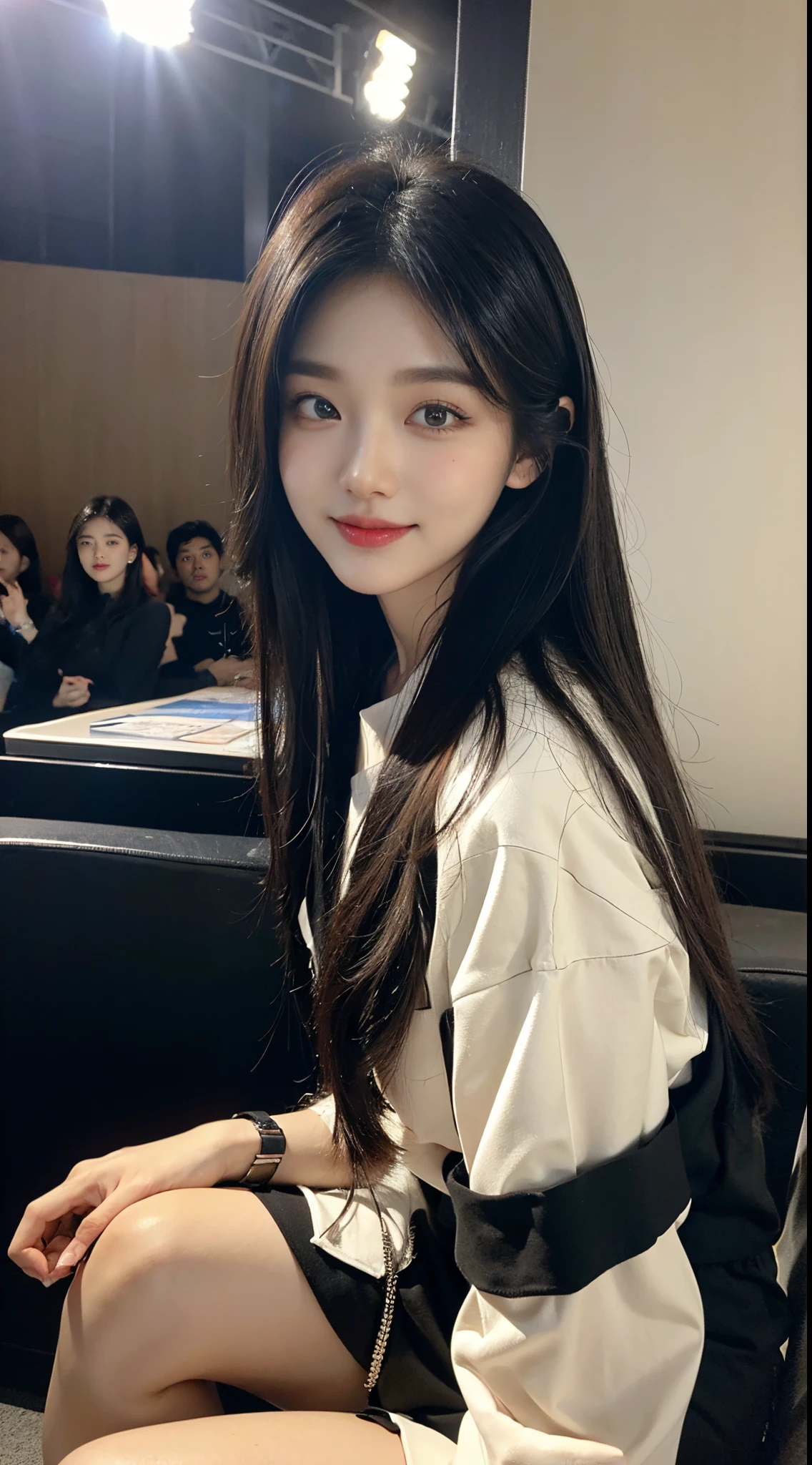 masterpiece、top-quality)、1 beutiful girl、slim、((Black and white casual clothes:1.1))、(Delicate and beautiful eyes)、Take a walk around the store、((Boyish brown medium length hair))、((The face is smaller))、((neutral face))、((Face seen from the side))、((light brown eyes))、((Korean girls))、((18 years old))、((Cool lady))、((A shy smile on his face))、((Korean makeup))、((eyes long and sharp))、((Happy dating))、((Watch from afar))、((boyish sense))、((Shoot from the same height as the face))、((shorter than the audience))、((She runs ahead of the audience))、((Cover your mouth with your hands))