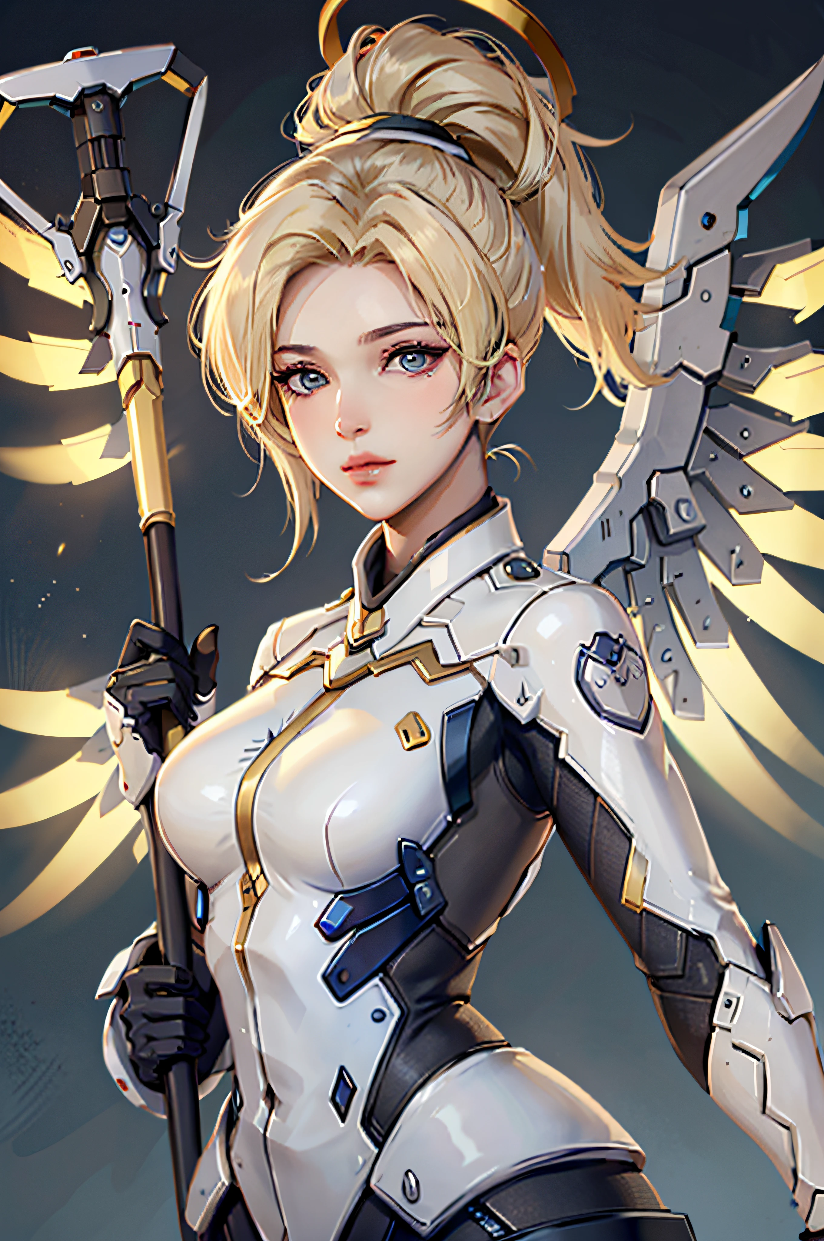 MercyOver, 1girl, mercy (overwatch), mechanical wings, mechanical halo, solo, blonde hair, wings, blue eyes, halo, staff, yellow wings, breasts, bodysuit, holding,, lips, looking at viewer, holding staff, medium breasts, spread wings, glowing wings, nose, high ponytail, ponytail,  upper body portrait, looking at the viewer