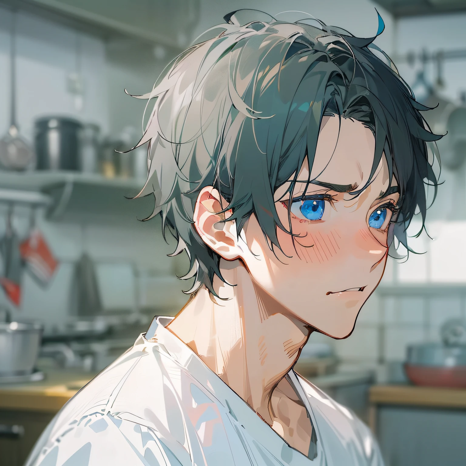 ​masterpiece、hightquality、20 year old man with short black hair and blue eyes、Like a cartoon in Japan、wearing white t-shirts、(Alone:1.5)、(Embarrassed expression:1.1)、(Close-up of your face:1.3)、(Only the upper body is shown.:1.3)、Kitchen background、Bold composition、