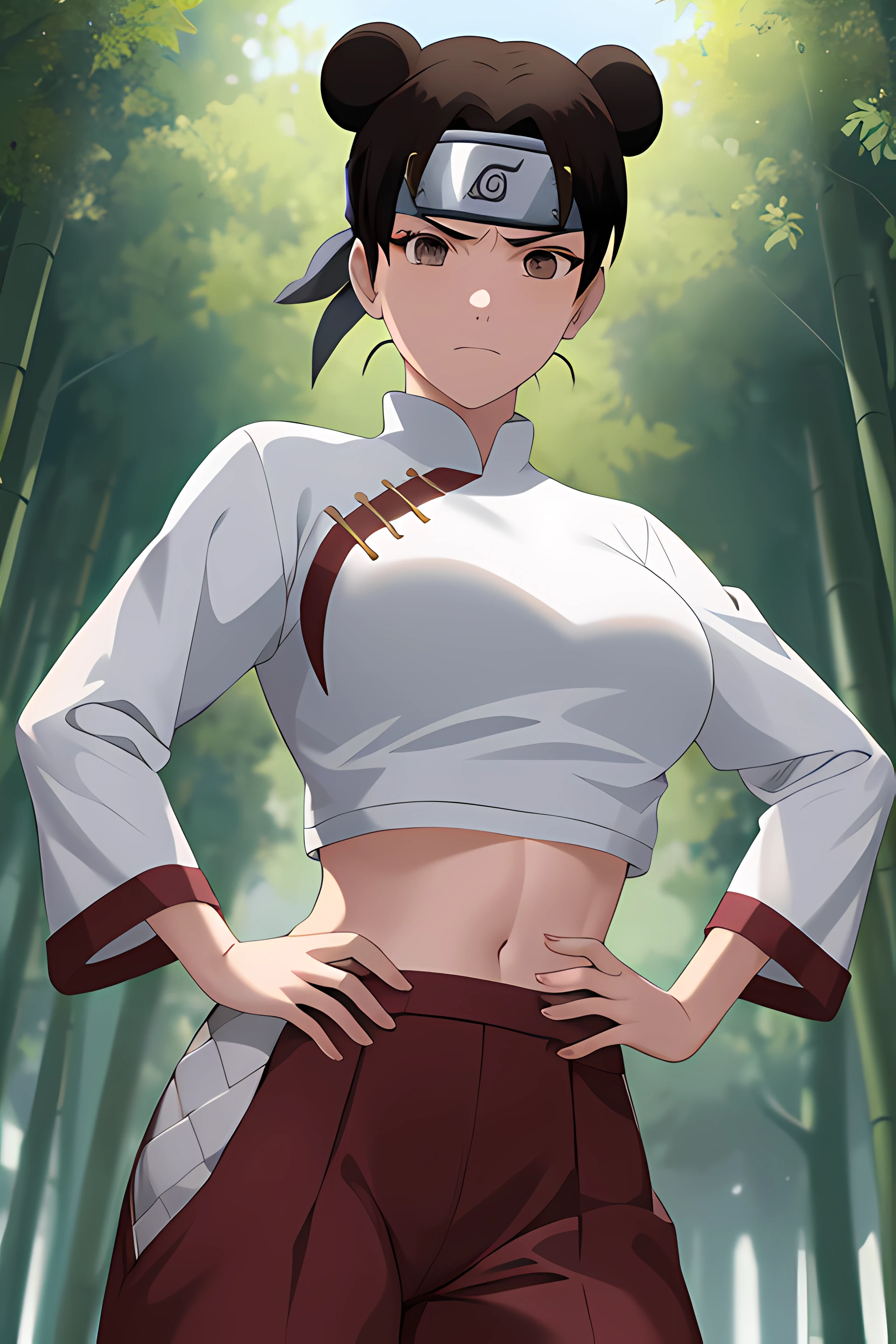 masterpiece, absurdres , (intricate details), (colorful),cinematic lighting,bust shot,extremely detailed CG unity 8k wallpaper,tenten\(shippuden\), 1girl, solo, hakama pants,white shirt, large breasts, hand on hip,forehead protector, konohagakure symbol, headband, looking at viewer, outdoors, bamboo forest, frown, Hourglass body, thin waist, very thin waist, ((midriff)),