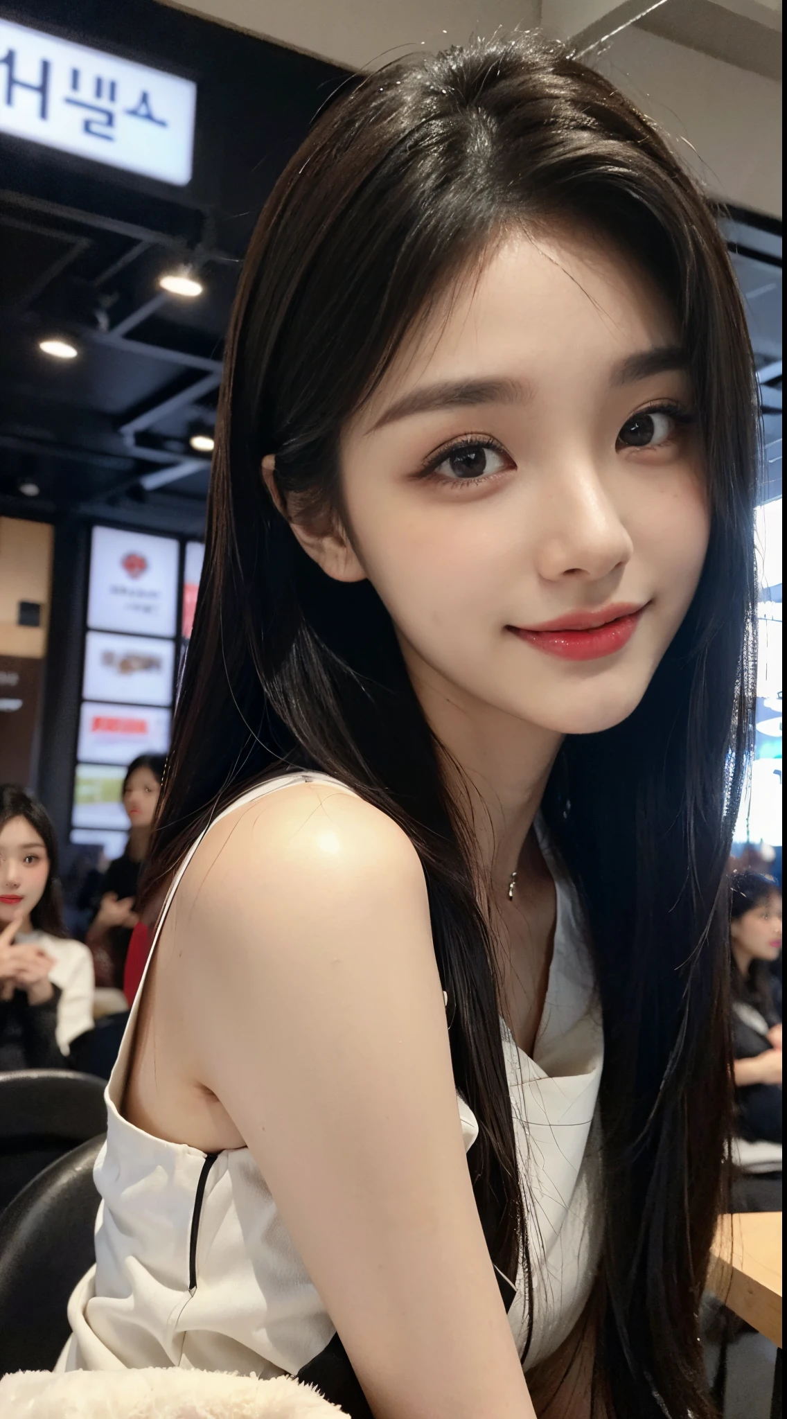 masterpiece、top-quality)、1 beutiful girl、slim、((Black and white casual clothes:1.1))、(Delicate and beautiful eyes)、Take a walk around the store、((Boyish brown medium length hair))、((The face is smaller))、((neutral face))、((Face seen from the side))、((light brown eyes))、((Korean girls))、((18 years old))、((Cool lady))、((A shy smile on his face))、((Korean makeup))、((eyes long and sharp))、((Happy dating))、((Watch from afar))、((boyish sense))、((Shoot from the same height as the face))、((shorter than the audience))、((She runs ahead of the audience))、((Cover your mouth with your hands))