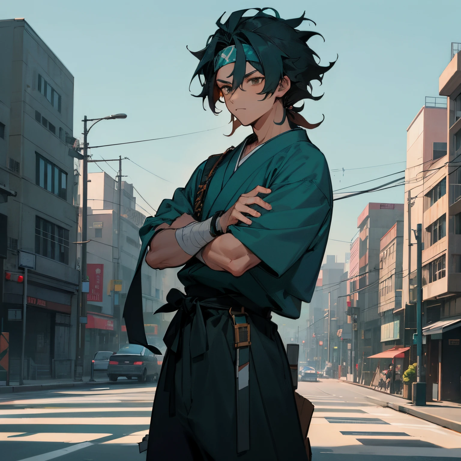 Medium Length Spiky Wavy hair , headband , bracelet , bandage on one arm , Teal Colored Hair , brown eyes , Japanese School Outfit , Black Jumpsuit, city background , standing infront of street , Messy Hair , 1male , Male , Lean Muscular Build