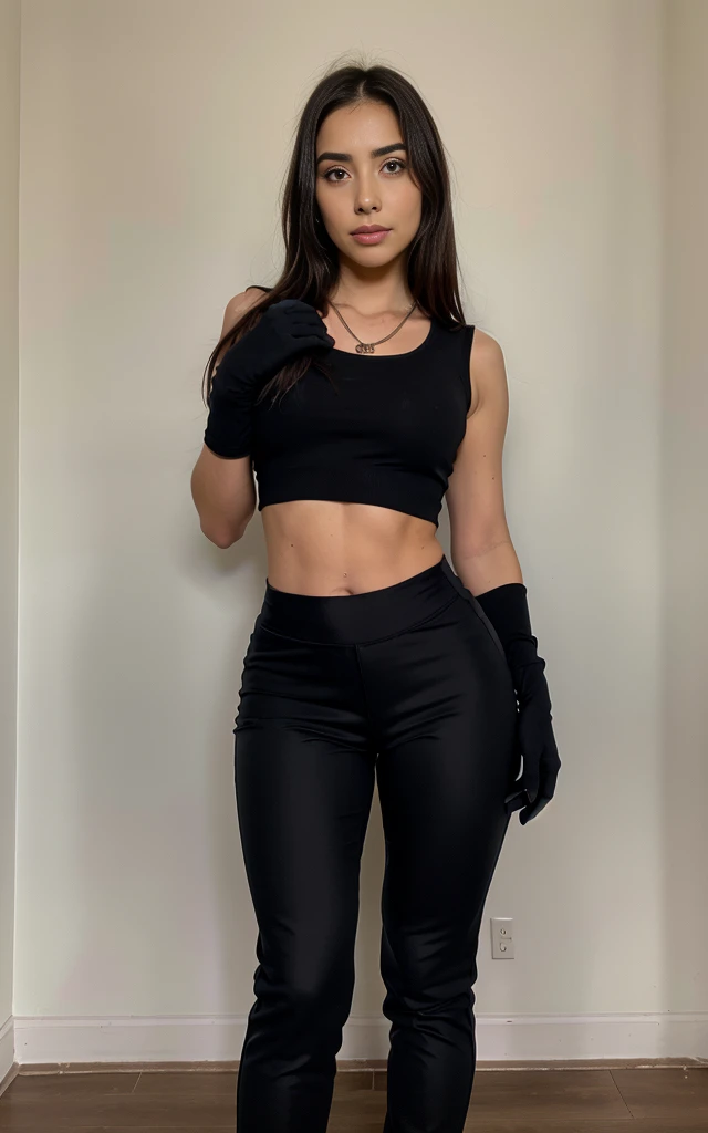 (8K, Masterpiece, RAW photo, Best quality, detail:1.3), (ultra realistic, scenary, 8K:1.5), Depth of field, Cinematic light, (ultra realistic face), (1 ultra skinny girl:1.3), (Beautiful and elegant girl), (tight wine pants:1.4), (girl with glasses), (latina face:1.5), (natural abs), (full body:1.5), (tight black minitop:1.6), (small necklace, collarbone:1.1), (ultra detailed skin:1.3), (tight gloves), (soft fabric red pants:1.3)