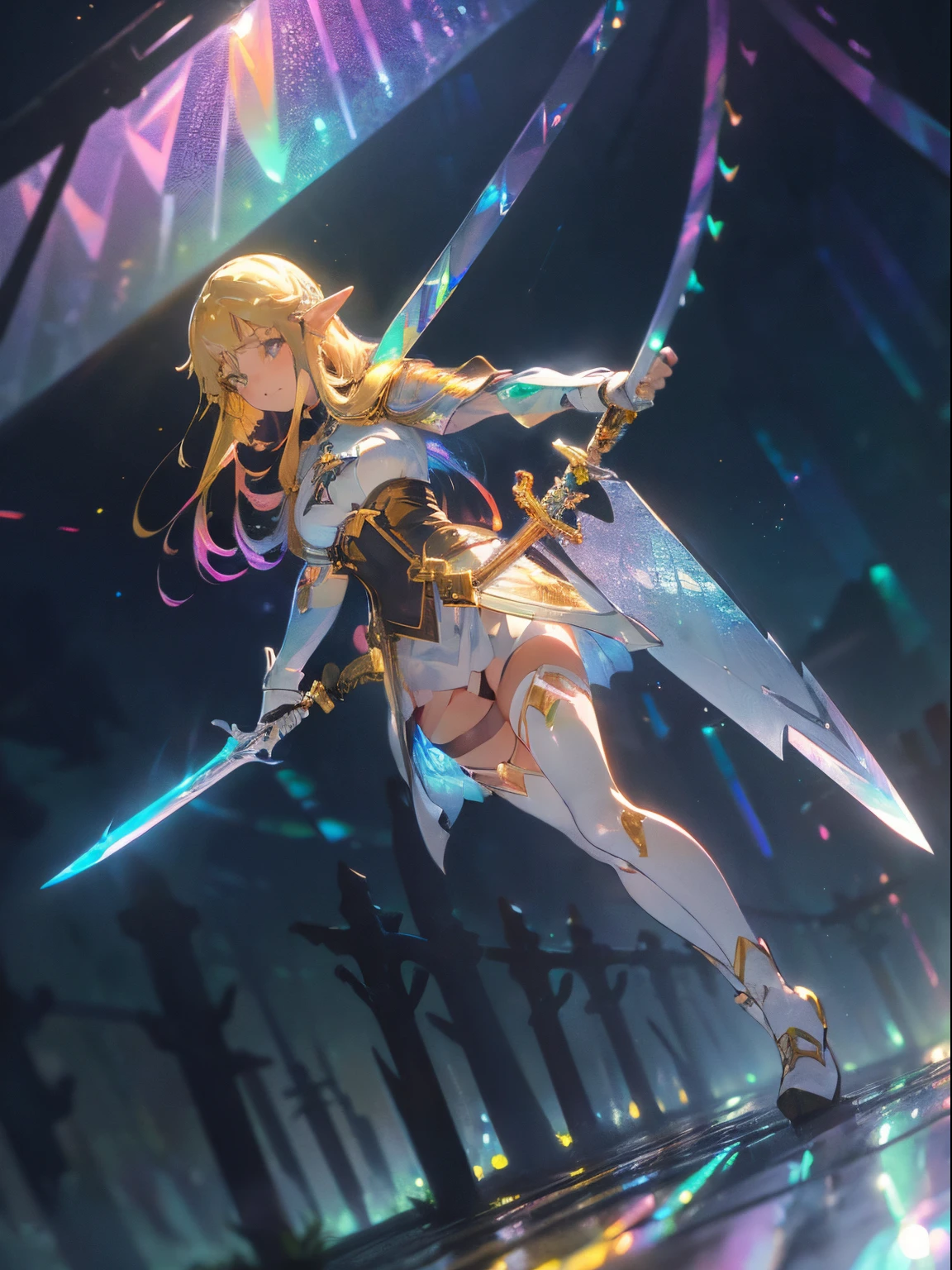 asunayuuki, With two swords, White combat uniform, Sword Art Online Arisesion, Red strokes that simulate the speed of the character, Battle Mode, (Ultra-realistic), {extremely detailed 8k CG unit wallpaper}, Vast landscape photos, (A central view that prioritizes the entire character, (Wide Open Field View), (low angle shot), (highlight: 1.5), (low illuminance: 1.0), (Warm light source: 1.0), intricate-detail, (Iridescent colors: 1.5), (Bright lighting), (Atmospheric lighting), Sword Art Online, Dreamy, Anime、(Best Quality: 1.3), 8K, (masutepiece: 1.3), Ultra High Resolution, 1 girl, Extra huge, Oversize, (Sword: 1.5), open stance, Dynamic Attack Action Pose, slush, attack action, (speeding) Girl moving in the sky at high speed, (slow motion:1.3), (Motion Blur:1.3), (SPEEDLINE:1.4), Sense of speed, elf, (White armor), (forest), Blonde, (Full body: 1.4), Cute face, Medium Hair, 18 years old,