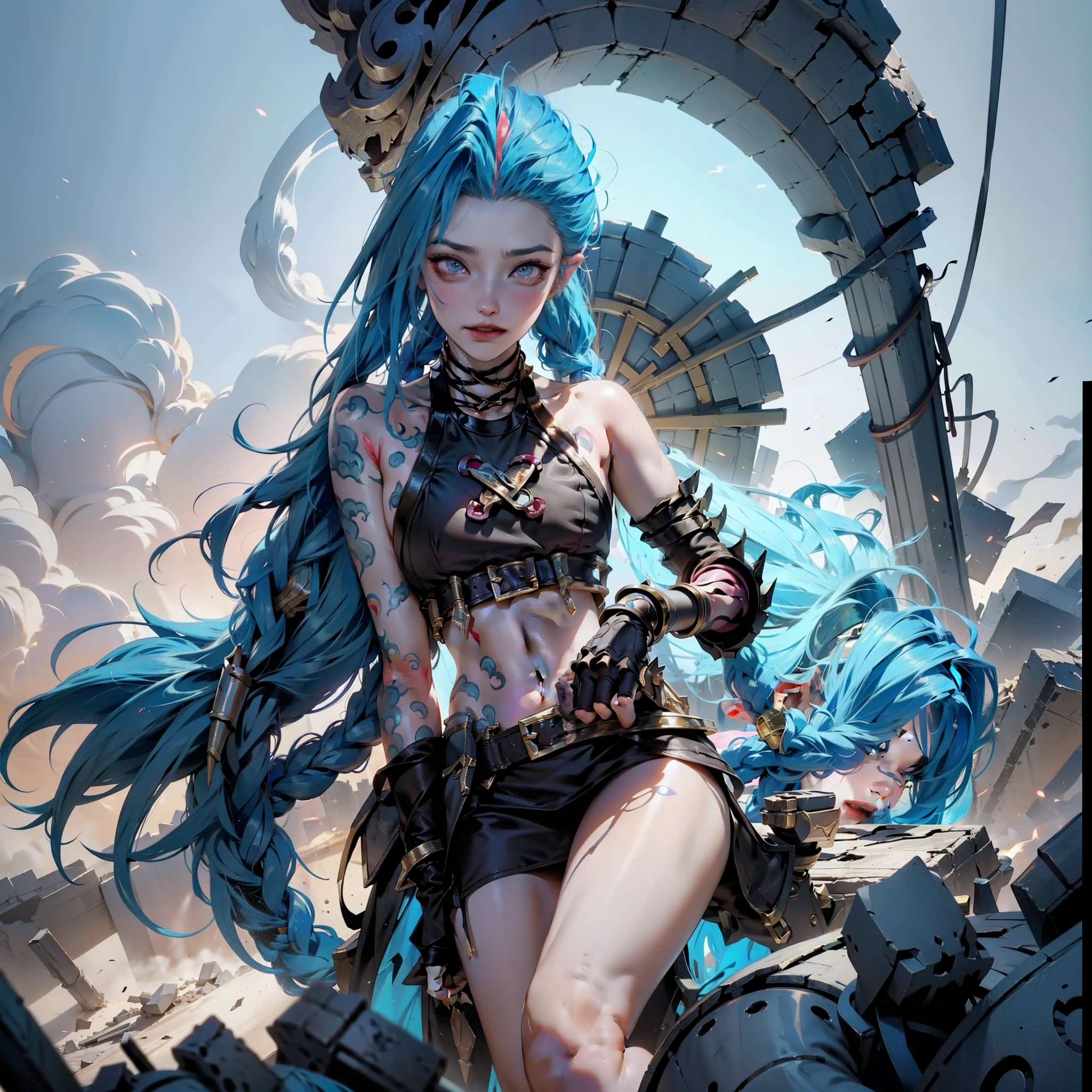 《league of legend》Jinx is surrounded by smoke in the rubble explosion，（Correct character proportions：1.1）（Beautifully carved fingers：1.3）