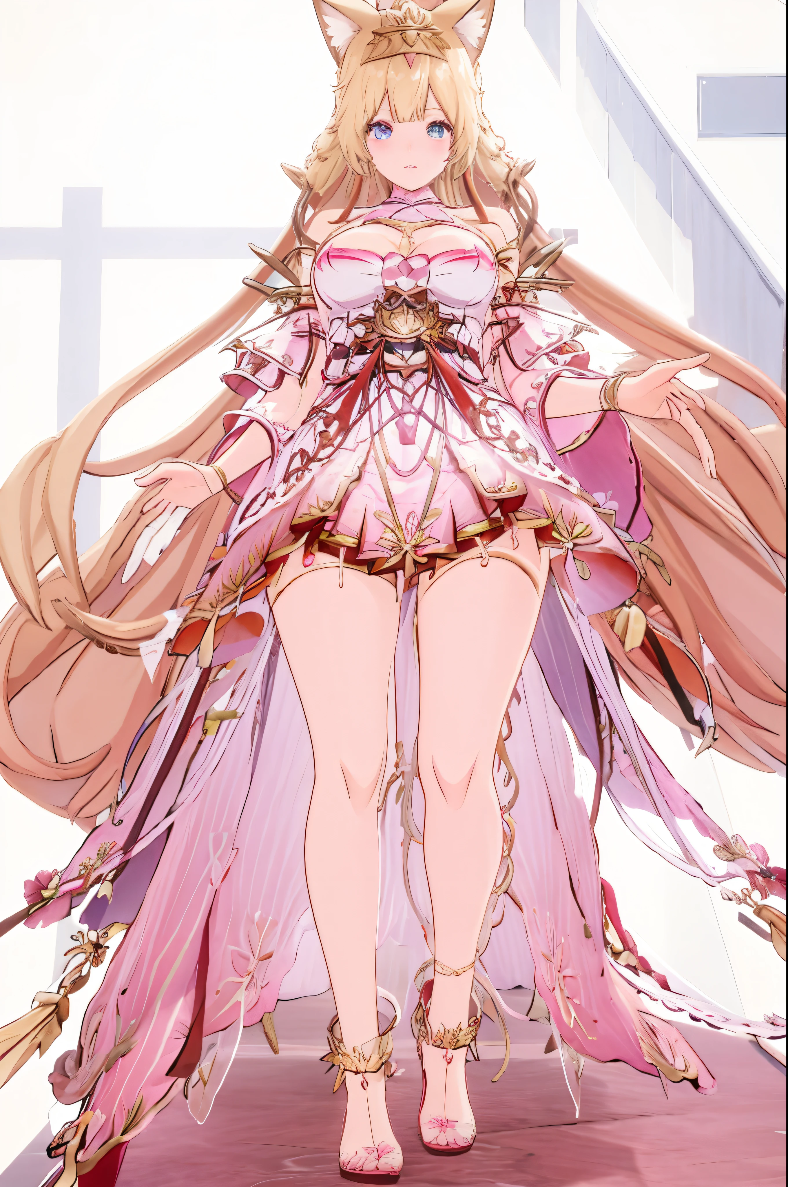 wearing a pink dress、Anime girl with cat ears and tail, Cute anime waifu wearing beautiful clothes, anime goddess, Kushatkrenz Key Art Women, Popular topics on artstation pixiv, Detailed key animation art, Anime full body illustration, detailed anime art, detailed digital anime art, Detailed anime artwork, Digital art on Pixiv