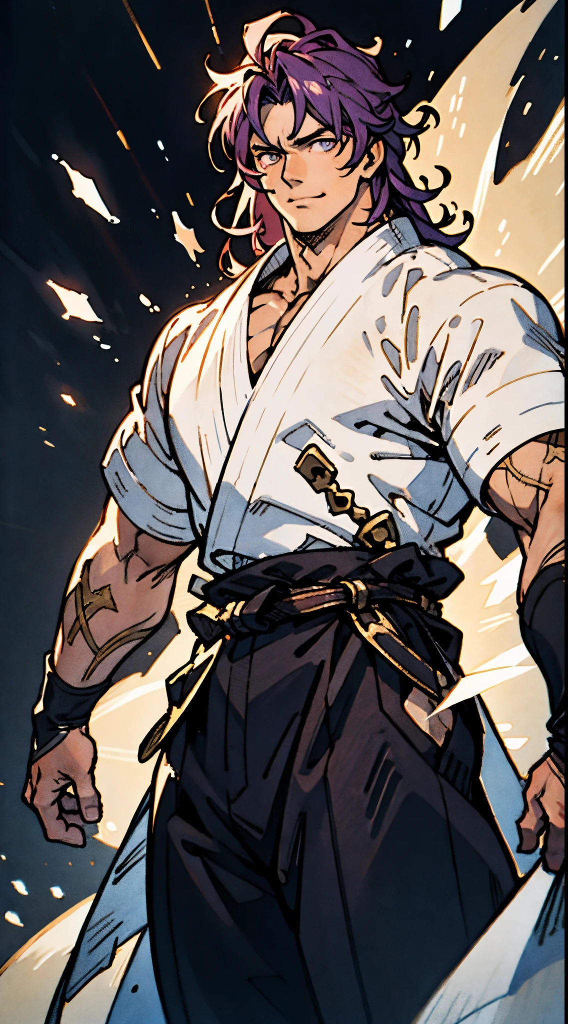 A young man, dense black-gold long hair, standing tall with upright hair, a majestic countenance, confident gaze, a scar under the eyes, a hearty smile, a fantasy-realistic tattered half-length martial arts outfit, short-sleeved, open-front robe revealing muscular physique, a coarse cloth belt around his waist, coarse trousers, towering and robust figure, he stands proudly, a glowing dark purple energy aura, the background depicts a black-and-white sky forming a yin-yang symbol, this character embodies a finely crafted fantasy-realistic martial artist in anime style, characterized by an exquisite and mature manga illustration art style, high definition, best quality, highres, ultra-detailed, ultra-fine painting, extremely delicate, professional, anatomically correct, symmetrical face, extremely detailed eyes and face, high quality eyes, creativity, RAW photo, UHD, 8k, Natural light, cinematic lighting, masterpiece-anatomy-perfect, masterpiece:1.5