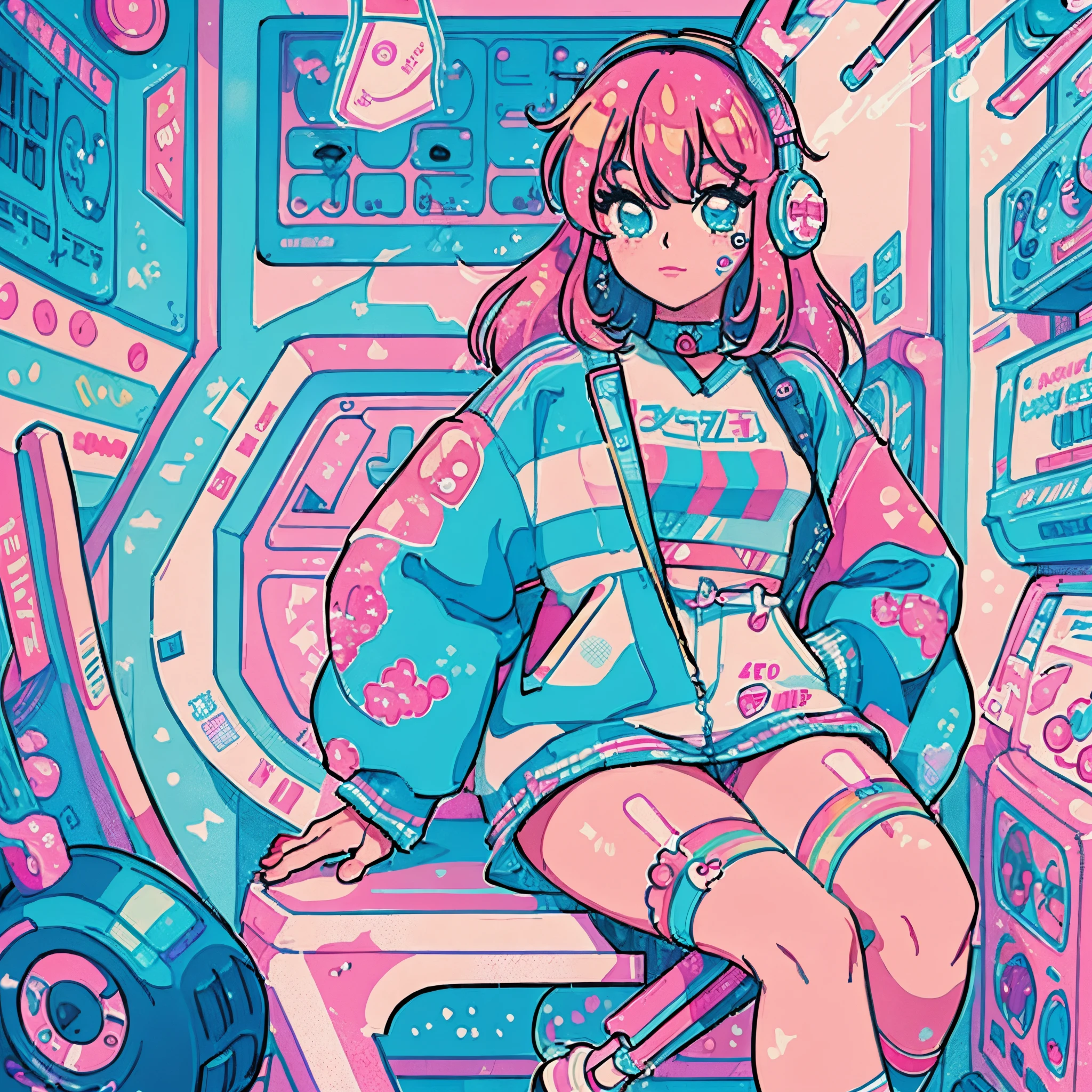 a close up of a person sitting on a chair in a room, 8 0 s anime vibe, lofi girl, anime vibes, in the art style of 8 0 s anime, 8 0 s anime art style, 8 0 s anime style, cyberpunk art style, lofi artstyle, digital cyberpunk - anime art, [ synthwave art style ]!! ]!!
