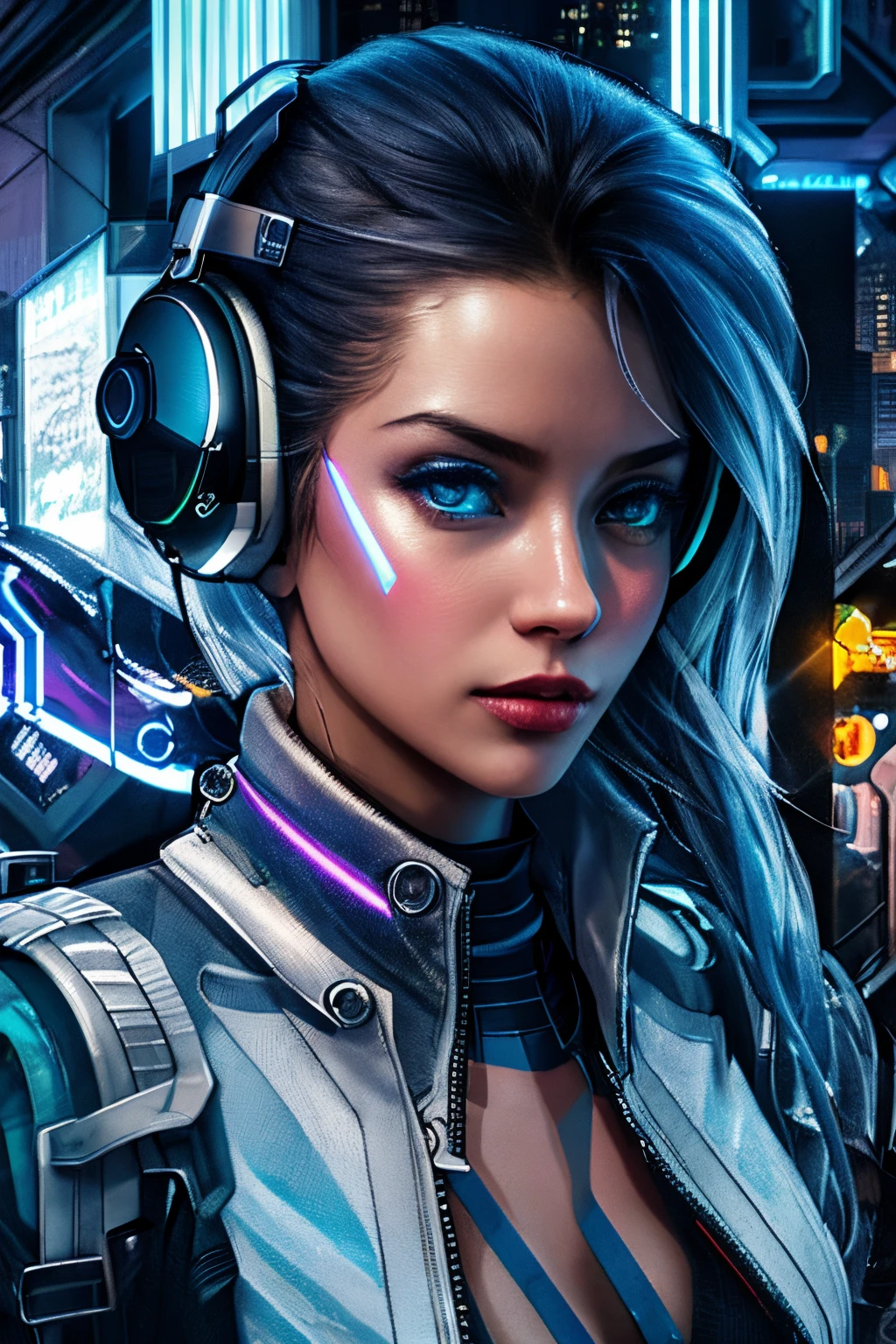 (best quality,4k,8k,highres,masterpiece:1.2),ultra-detailed,(realistic,photorealistic,photo-realistic:1.37),woman with headphones on in a futuristic city,scifi,neon lights,technological buildings,nighttime,glowing colors,concrete jungle,holographic advertisements,dynamic atmosphere,high-rise skyscrapers,flying cars,elevated walkways,sleek architecture,glass facades,urban chaos,transportation hubs,shadows and reflections,cyberpunk aesthetics,blurred motion,lens flares,smooth surfaces,sharp contrasts,electric energy,steely blue tones