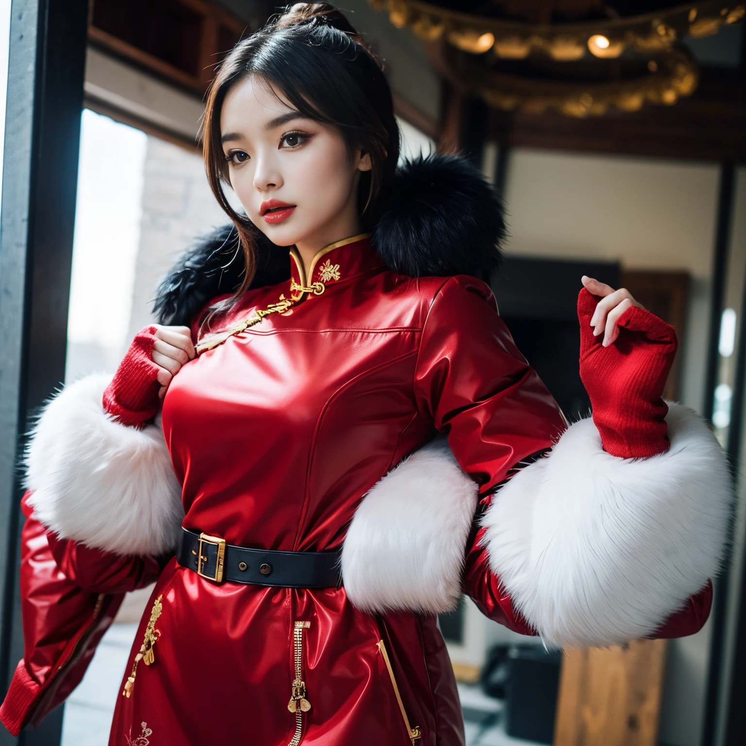 Beautiful Chinese woman, Red silk qipao, wearing a( Very narrow and short) Navy blue ((silk))  Puffy coat, Realistic Photos, 巨作, Fluffy fur cover,  open coat, sexy,  cute, Blushing, , big breasts,