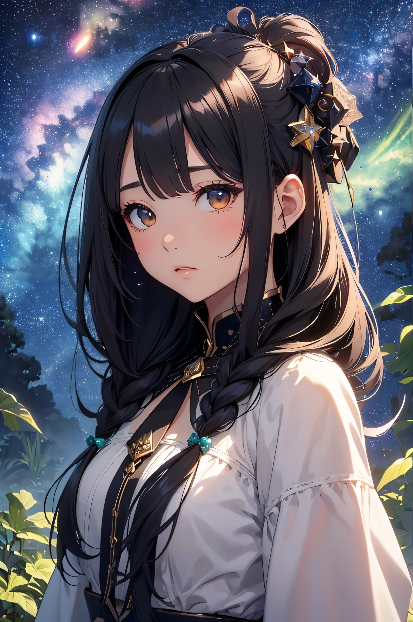 ​masterpiece、High Detailed Girls（（a beauty girl、doress、Highly detailed hair ornament、Hair is tied up））、Background with((Fantastic starry sky、meteors、black hole))、plants、Luminescent