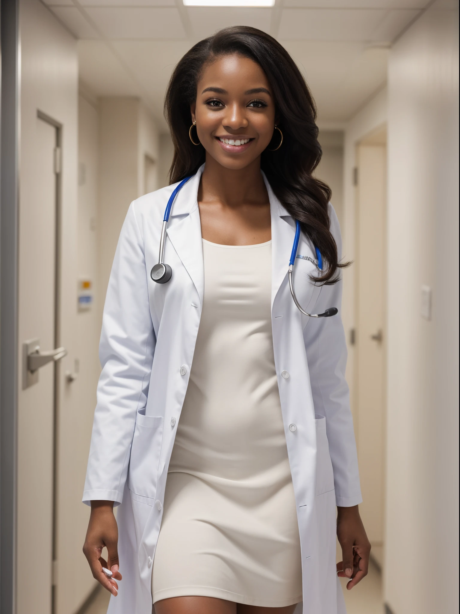 (Best quality,8k,ultra high res:1.2),(American woman, black skin),(Looking at viewer),(smile),(Stright hair),(White doctor coat),(Dress underneath),(at hospital),(Sfw)