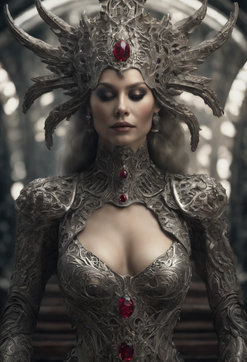 Create a 3D artwork of Maria Brink with large saggy breasts in a white dress adorned with (((intricately detailed rubies and sapphires))). The artwork should embody the (((highest quality))), emphasizing (((extreme detail))) and a (((complex composition))). Incorporate a color palette that reflects a celestial aura, using soft blues, ethereal whites, and subtle gold accents. Ensure the composition exudes an otherworldly sense of beauty and tranquility. Draw inspiration from artists like (((H.R. Giger))), (((ZBrushCentral))), and (((Vitaly Bulgarov))), deep plunging cleavage, big saggy tits, sexy tits, sexy thighs, sexy hips, small waist,