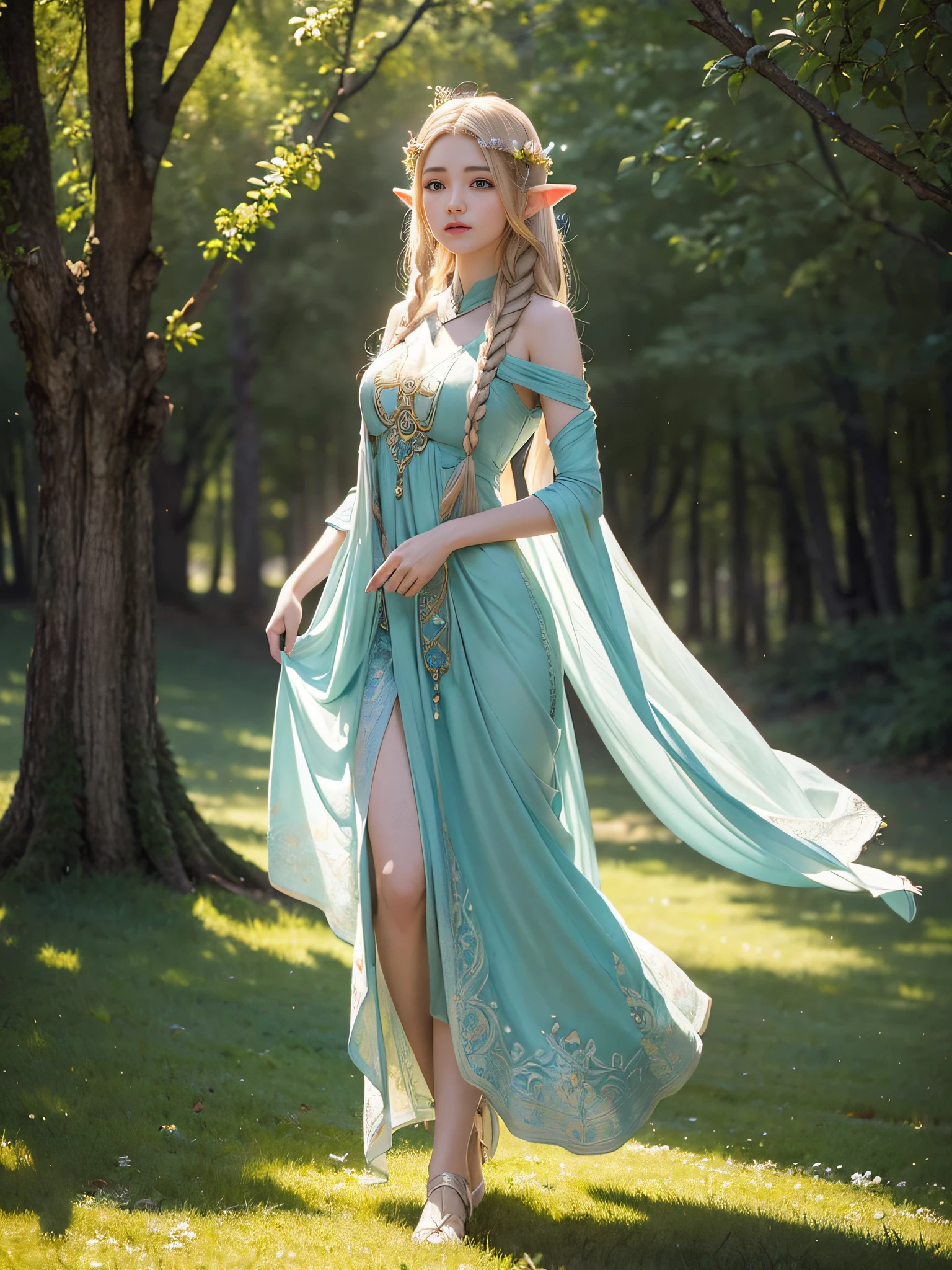 Graceful elven girl standing in meadow, Delicate face illuminated by the soft light of the setting sun. Her long, Flowing hair runs down your back, Decorated with intricate braids、Adorned with sparkling gemstones. This great photo is、、、It captures the ethereal beauty of elves. Slender figure in silk dress、Swaying in the soft steppe breeze. Attention to detail、Face that is、Face that is、Face that is、Face that is、It is evident in the intricate patterns of the dress and the subtle highlights of the luminescence. skin. The breathtaking portrayal of the elven girl is、、、、、Create an enchanting atmosphere、It invites the viewer to a magical world.