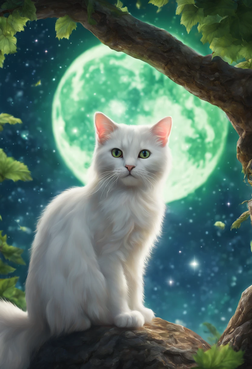 (best quality,4k,highres,masterpiece:1.2),ultra-detailed,(realistic,photorealistic,photo-realistic:1.37),white cat,watermelon tree,Milky Way background,vivid colors,sharp focus,portraits,night scene,lush leaves,glowing stars,peaceful,moonlit night,surreal,calm,single white cat,stretching,curious eyes,whiskers floating,playful,serene,relaxing,tranquil,gentle breeze,nighttime beauty,luminous,contemplative,soft fur,mystical vibes,magical atmosphere,starlit sky,dreamlike,ethereal glow,peaceful scene,harmony,natural beauty,melting into the night,varied shades of green,twinkling lights,dreamy,whispering leaves,silhouette of the tree,mysterious,milky-white glow,tranquility,serenity,subtle colors,enchanted,otherworldly,etheric,serene moon,whispers of the night.